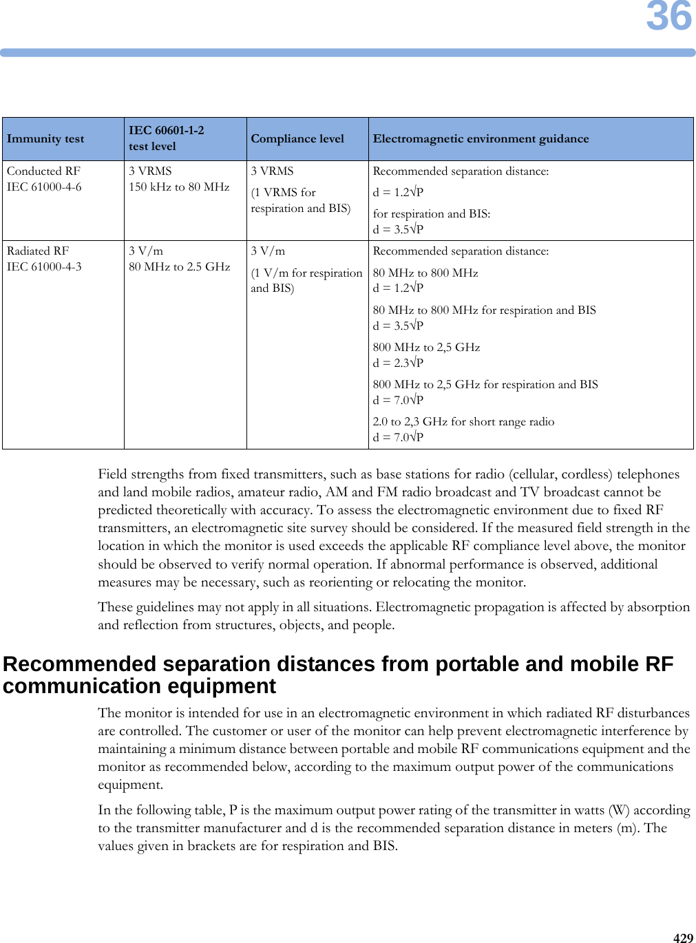 36429Field strengths from fixed transmitters, such as base stations for radio (cellular, cordless) telephones and land mobile radios, amateur radio, AM and FM radio broadcast and TV broadcast cannot be predicted theoretically with accuracy. To assess the electromagnetic environment due to fixed RF transmitters, an electromagnetic site survey should be considered. If the measured field strength in the location in which the monitor is used exceeds the applicable RF compliance level above, the monitor should be observed to verify normal operation. If abnormal performance is observed, additional measures may be necessary, such as reorienting or relocating the monitor.These guidelines may not apply in all situations. Electromagnetic propagation is affected by absorption and reflection from structures, objects, and people.Recommended separation distances from portable and mobile RF communication equipmentThe monitor is intended for use in an electromagnetic environment in which radiated RF disturbances are controlled. The customer or user of the monitor can help prevent electromagnetic interference by maintaining a minimum distance between portable and mobile RF communications equipment and the monitor as recommended below, according to the maximum output power of the communications equipment.In the following table, P is the maximum output power rating of the transmitter in watts (W) according to the transmitter manufacturer and d is the recommended separation distance in meters (m). The values given in brackets are for respiration and BIS.Immunity test IEC 60601-1-2 test level Compliance level Electromagnetic environment guidanceConducted RF IEC 61000-4-63VRMS150 kHz to 80 MHz3VRMS(1 VRMS for respiration and BIS)Recommended separation distance:d = 1.2√Pfor respiration and BIS:d = 3.5√PRadiated RFIEC 61000-4-33V/m80 MHz to 2.5 GHz3V/m(1 V/m for respiration and BIS)Recommended separation distance:80 MHz to 800 MHzd = 1.2√P80 MHz to 800 MHz for respiration and BISd = 3.5√P800 MHz to 2,5 GHzd = 2.3√P800 MHz to 2,5 GHz for respiration and BISd = 7.0√P2.0 to 2,3 GHz for short range radiod = 7.0√P