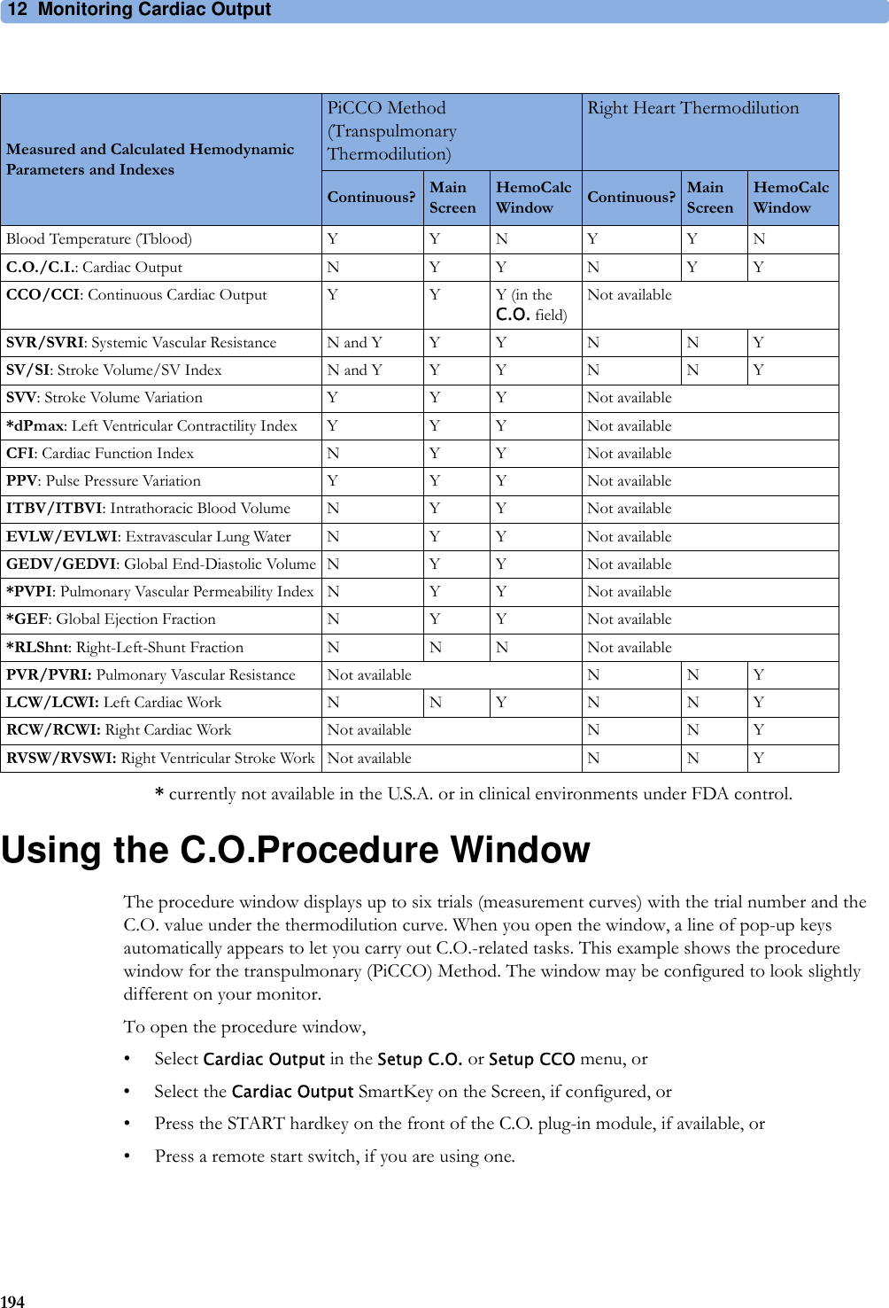 12 Monitoring Cardiac Output194* currently not available in the U.S.A. or in clinical environments under FDA control.Using the C.O.Procedure WindowThe procedure window displays up to six trials (measurement curves) with the trial number and the C.O. value under the thermodilution curve. When you open the window, a line of pop-up keys automatically appears to let you carry out C.O.-related tasks. This example shows the procedure window for the transpulmonary (PiCCO) Method. The window may be configured to look slightly different on your monitor.To open the procedure window,•Select Cardiac Output in the Setup C.O. or Setup CCO menu, or• Select the Cardiac Output SmartKey on the Screen, if configured, or• Press the START hardkey on the front of the C.O. plug-in module, if available, or• Press a remote start switch, if you are using one.Measured and Calculated Hemodynamic Parameters and IndexesPiCCO Method (Transpulmonary Thermodilution)Right Heart ThermodilutionContinuous? Main ScreenHemoCalc Window Continuous? Main ScreenHemoCalc WindowBlood Temperature (Tblood) Y Y N Y Y NC.O./C.I.: Cardiac Output N Y Y N Y YCCO/CCI: Continuous Cardiac Output Y Y Y (in the C.O. field)Not availableSVR/SVRI: Systemic Vascular Resistance N and Y Y Y N N YSV/SI: Stroke Volume/SV Index N and Y Y Y N N YSVV: Stroke Volume Variation Y Y Y Not available*dPmax: Left Ventricular Contractility Index Y Y Y Not availableCFI: Cardiac Function Index N Y Y Not availablePPV: Pulse Pressure Variation Y Y Y Not availableITBV/ITBVI: Intrathoracic Blood Volume N Y Y Not availableEVLW/EVLWI: Extravascular Lung Water N Y Y Not availableGEDV/GEDVI: Global End-Diastolic Volume N Y Y Not available*PVPI: Pulmonary Vascular Permeability Index N Y Y Not available*GEF: Global Ejection Fraction N Y Y Not available*RLShnt: Right-Left-Shunt Fraction N N N Not availablePVR/PVRI: Pulmonary Vascular Resistance Not available N N YLCW/LCWI: Left Cardiac Work N N Y N N YRCW/RCWI: Right Cardiac Work Not available N N YRVSW/RVSWI: Right Ventricular Stroke Work Not available N N Y