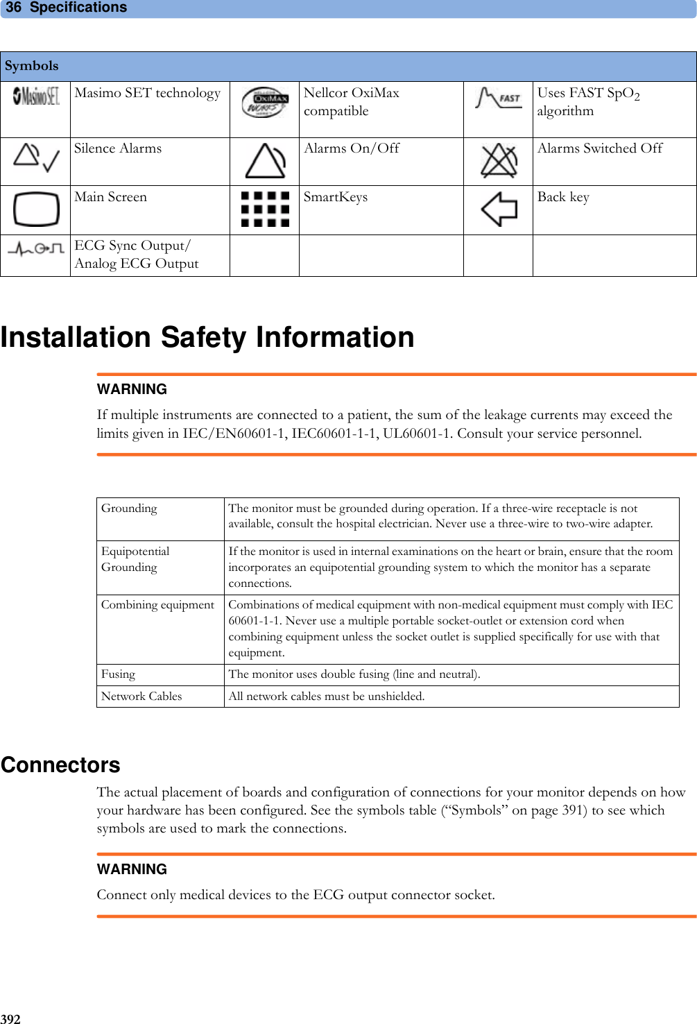 36 Specifications392Installation Safety InformationWARNINGIf multiple instruments are connected to a patient, the sum of the leakage currents may exceed the limits given in IEC/EN60601-1, IEC60601-1-1, UL60601-1. Consult your service personnel.ConnectorsThe actual placement of boards and configuration of connections for your monitor depends on how your hardware has been configured. See the symbols table (“Symbols” on page 391) to see which symbols are used to mark the connections.WARNINGConnect only medical devices to the ECG output connector socket.Masimo SET technology Nellcor OxiMax compatibleUses FAST SpO2 algorithmSilence Alarms Alarms On/Off Alarms Switched OffMain Screen SmartKeys Back keyECG Sync Output/Analog ECG Output SymbolsGrounding The monitor must be grounded during operation. If a three-wire receptacle is not available, consult the hospital electrician. Never use a three-wire to two-wire adapter.Equipotential GroundingIf the monitor is used in internal examinations on the heart or brain, ensure that the room incorporates an equipotential grounding system to which the monitor has a separate connections.Combining equipment Combinations of medical equipment with non-medical equipment must comply with IEC 60601-1-1. Never use a multiple portable socket-outlet or extension cord when combining equipment unless the socket outlet is supplied specifically for use with that equipment.Fusing The monitor uses double fusing (line and neutral).Network Cables All network cables must be unshielded.
