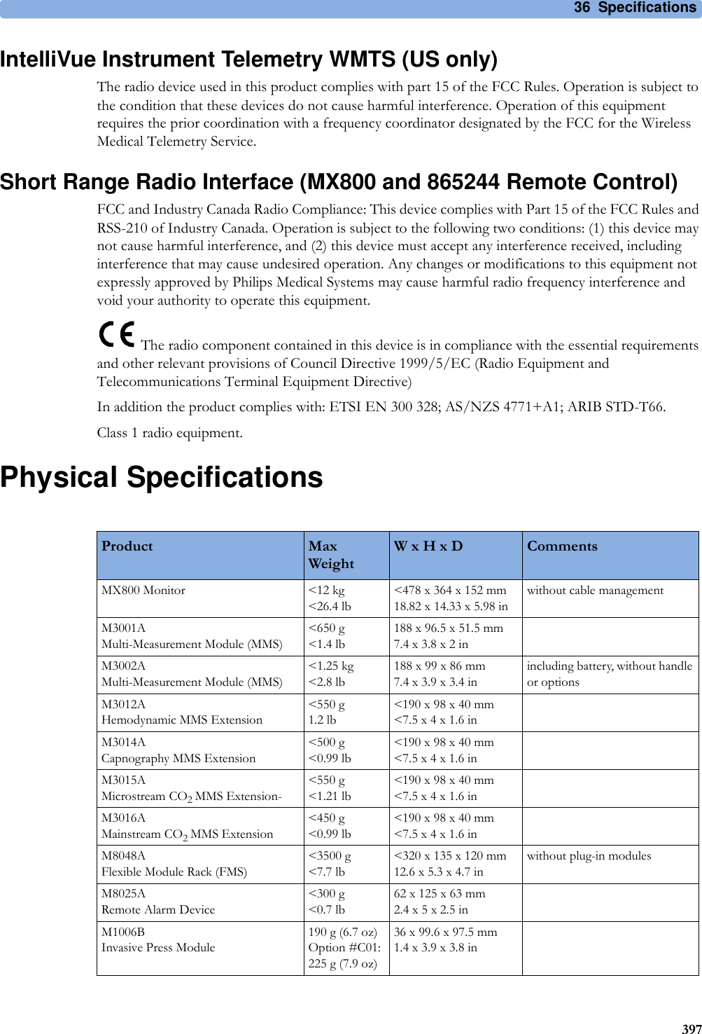 36 Specifications397IntelliVue Instrument Telemetry WMTS (US only)The radio device used in this product complies with part 15 of the FCC Rules. Operation is subject to the condition that these devices do not cause harmful interference. Operation of this equipment requires the prior coordination with a frequency coordinator designated by the FCC for the Wireless Medical Telemetry Service.Short Range Radio Interface (MX800 and 865244 Remote Control)FCC and Industry Canada Radio Compliance: This device complies with Part 15 of the FCC Rules and RSS-210 of Industry Canada. Operation is subject to the following two conditions: (1) this device may not cause harmful interference, and (2) this device must accept any interference received, including interference that may cause undesired operation. Any changes or modifications to this equipment not expressly approved by Philips Medical Systems may cause harmful radio frequency interference and void your authority to operate this equipment. The radio component contained in this device is in compliance with the essential requirements and other relevant provisions of Council Directive 1999/5/EC (Radio Equipment and Telecommunications Terminal Equipment Directive)In addition the product complies with: ETSI EN 300 328; AS/NZS 4771+A1; ARIB STD-T66.Class 1 radio equipment.Physical SpecificationsProduct Max WeightW x H x D CommentsMX800 Monitor &lt;12 kg&lt;26.4 lb&lt;478 x 364 x 152 mm18.82 x 14.33 x 5.98 inwithout cable managementM3001AMulti-Measurement Module (MMS)&lt;650 g&lt;1.4 lb188 x 96.5 x 51.5 mm7.4 x 3.8 x 2 inM3002AMulti-Measurement Module (MMS)&lt;1.25 kg&lt;2.8 lb188 x 99 x 86 mm7.4 x 3.9 x 3.4 inincluding battery, without handle or optionsM3012AHemodynamic MMS Extension&lt;550 g1.2 lb&lt;190 x 98 x 40 mm&lt;7.5 x 4 x 1.6 inM3014ACapnography MMS Extension&lt;500 g&lt;0.99 lb&lt;190 x 98 x 40 mm&lt;7.5 x 4 x 1.6 inM3015AMicrostream CO2 MMS Extension-&lt;550 g&lt;1.21 lb&lt;190 x 98 x 40 mm&lt;7.5 x 4 x 1.6 inM3016AMainstream CO2 MMS Extension&lt;450 g&lt;0.99 lb&lt;190 x 98 x 40 mm&lt;7.5 x 4 x 1.6 inM8048AFlexible Module Rack (FMS)&lt;3500 g&lt;7.7 lb&lt;320 x 135 x 120 mm12.6 x 5.3 x 4.7 inwithout plug-in modulesM8025ARemote Alarm Device&lt;300 g&lt;0.7 lb62 x 125 x 63 mm2.4 x 5 x 2.5 inM1006BInvasive Press Module190 g (6.7 oz)Option #C01: 225 g (7.9 oz)36 x 99.6 x 97.5 mm1.4 x 3.9 x 3.8 in