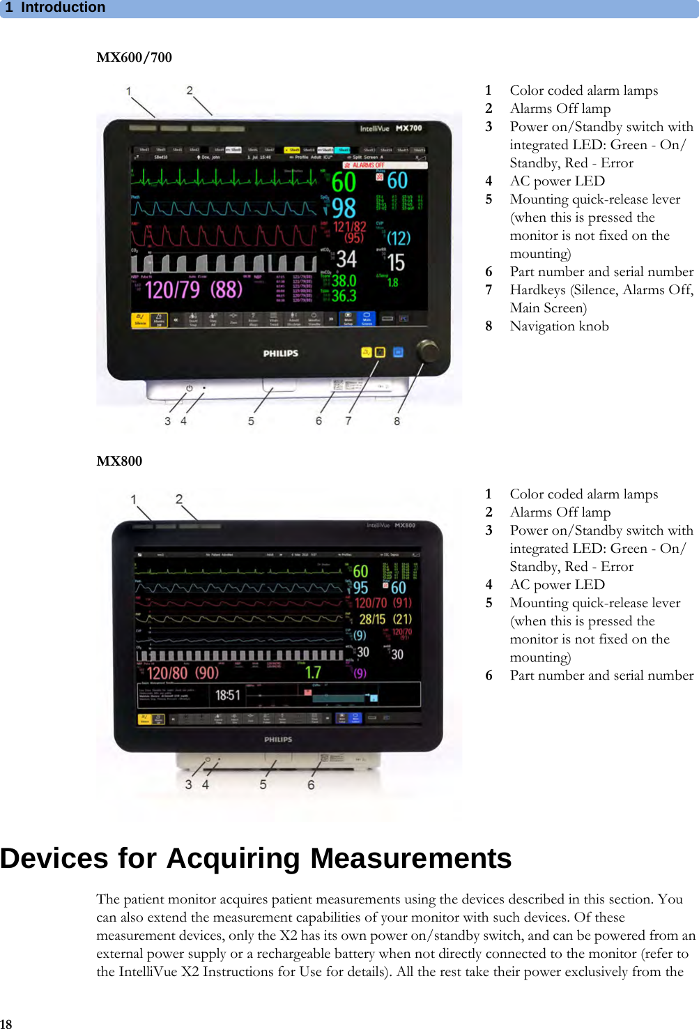 1Introduction18MX600/700MX800Devices for Acquiring MeasurementsThe patient monitor acquires patient measurements using the devices described in this section. You can also extend the measurement capabilities of your monitor with such devices. Of these measurement devices, only the X2 has its own power on/standby switch, and can be powered from an external power supply or a rechargeable battery when not directly connected to the monitor (refer to the IntelliVue X2 Instructions for Use for details). All the rest take their power exclusively from the 1Color coded alarm lamps2Alarms Off lamp3Power on/Standby switch with integrated LED: Green - On/Standby, Red - Error4AC power LED5Mounting quick-release lever (when this is pressed the monitor is not fixed on the mounting)6Part number and serial number7Hardkeys (Silence, Alarms Off, Main Screen)8Navigation knob1Color coded alarm lamps2Alarms Off lamp3Power on/Standby switch with integrated LED: Green - On/Standby, Red - Error4AC power LED5Mounting quick-release lever (when this is pressed the monitor is not fixed on the mounting)6Part number and serial number