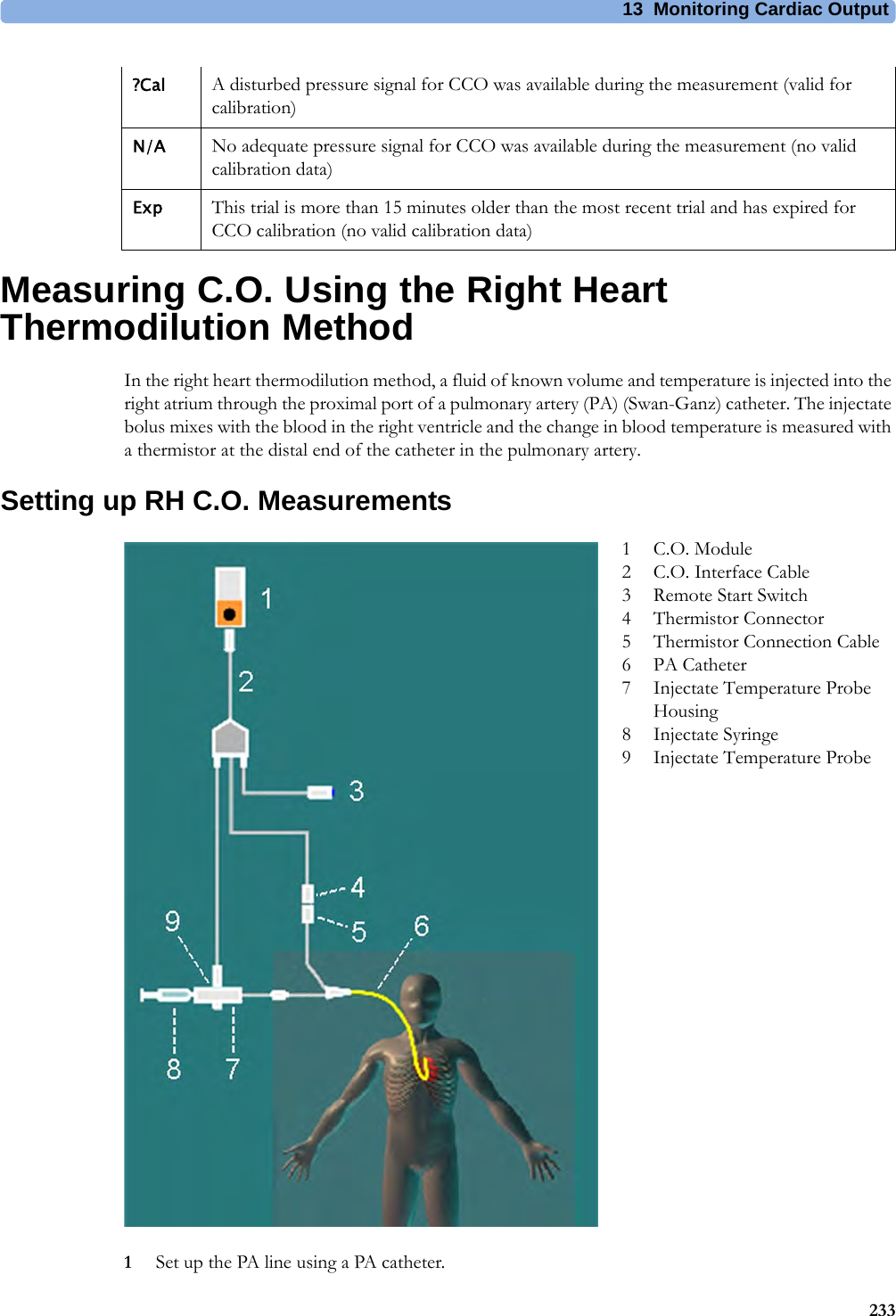 13 Monitoring Cardiac Output233Measuring C.O. Using the Right Heart Thermodilution MethodIn the right heart thermodilution method, a fluid of known volume and temperature is injected into the right atrium through the proximal port of a pulmonary artery (PA) (Swan-Ganz) catheter. The injectate bolus mixes with the blood in the right ventricle and the change in blood temperature is measured with a thermistor at the distal end of the catheter in the pulmonary artery.Setting up RH C.O. Measurements1Set up the PA line using a PA catheter.?Cal A disturbed pressure signal for CCO was available during the measurement (valid for calibration)N/A No adequate pressure signal for CCO was available during the measurement (no valid calibration data)Exp This trial is more than 15 minutes older than the most recent trial and has expired for CCO calibration (no valid calibration data)1C.O.Module2 C.O. Interface Cable3 Remote Start Switch4 Thermistor Connector5 Thermistor Connection Cable6 PA Catheter7 Injectate Temperature Probe Housing8 Injectate Syringe9 Injectate Temperature Probe