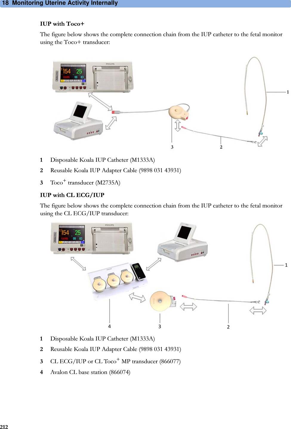 18  Monitoring Uterine Activity Internally212IUP with Toco+The figure below shows the complete connection chain from the IUP catheter to the fetal monitor using the Toco+ transducer:1Disposable Koala IUP Catheter (M1333A)2Reusable Koala IUP Adapter Cable (9898 031 43931)3Toco+ transducer (M2735A)IUP with CL ECG/IUPThe figure below shows the complete connection chain from the IUP catheter to the fetal monitor using the CL ECG/IUP transducer:1Disposable Koala IUP Catheter (M1333A)2Reusable Koala IUP Adapter Cable (9898 031 43931)3CL ECG/IUP or CL Toco+ MP transducer (866077)4Avalon CL base station (866074)