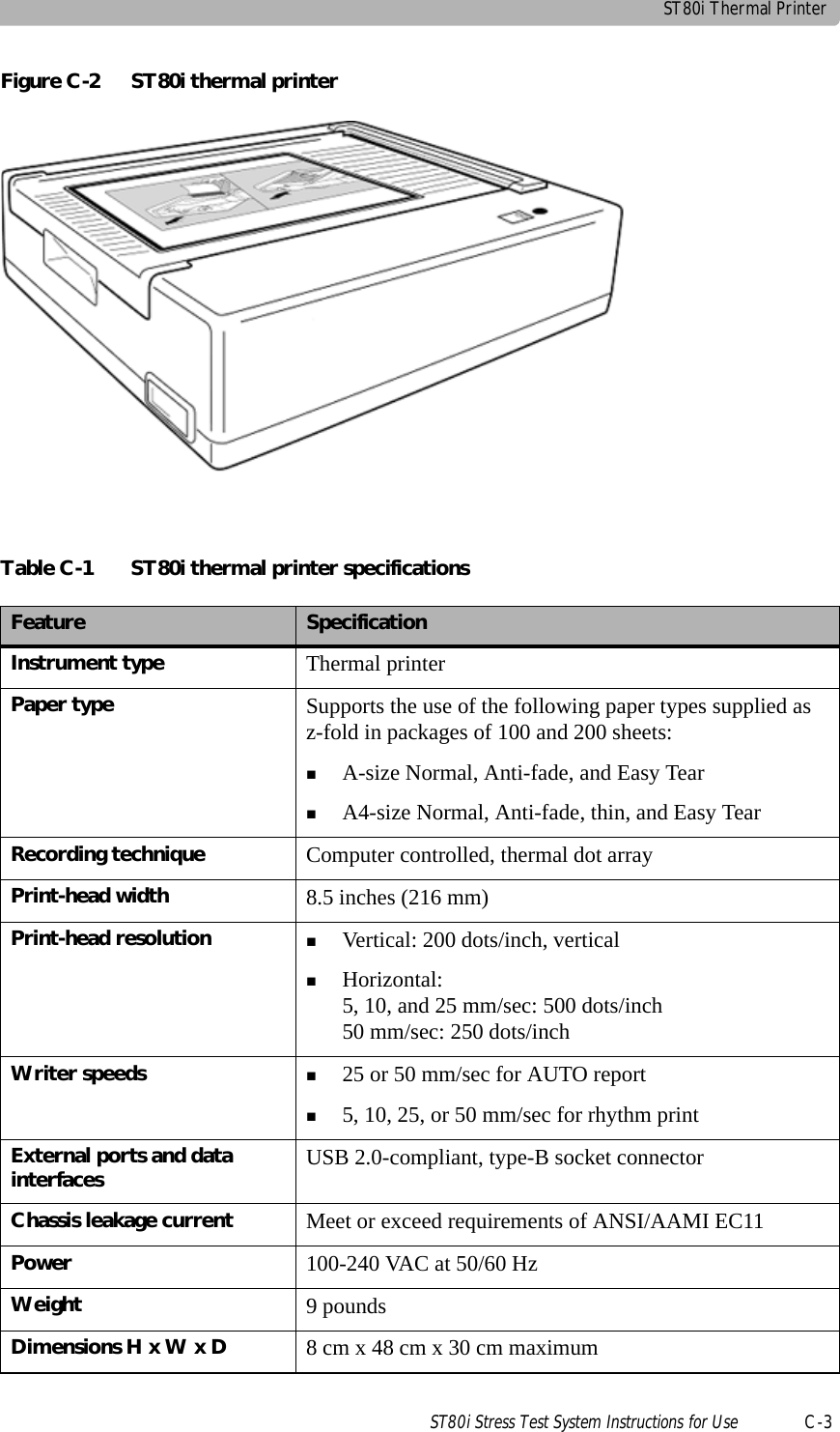 ST80i Thermal PrinterST80i Stress Test System Instructions for Use C-3Figure C-2 ST80i thermal printerTable C-1 ST80i thermal printer specifications Feature SpecificationInstrument type Thermal printerPaper type Supports the use of the following paper types supplied as z-fold in packages of 100 and 200 sheets:A-size Normal, Anti-fade, and Easy TearA4-size Normal, Anti-fade, thin, and Easy TearRecording technique Computer controlled, thermal dot arrayPrint-head width 8.5 inches (216 mm)Print-head resolution Vertical: 200 dots/inch, verticalHorizontal:5, 10, and 25 mm/sec: 500 dots/inch50 mm/sec: 250 dots/inchWriter speeds 25 or 50 mm/sec for AUTO report5, 10, 25, or 50 mm/sec for rhythm printExternal ports and data interfaces USB 2.0-compliant, type-B socket connectorChassis leakage current Meet or exceed requirements of ANSI/AAMI EC11Power 100-240 VAC at 50/60 HzWeight 9 poundsDimensions H x W x D 8 cm x 48 cm x 30 cm maximum