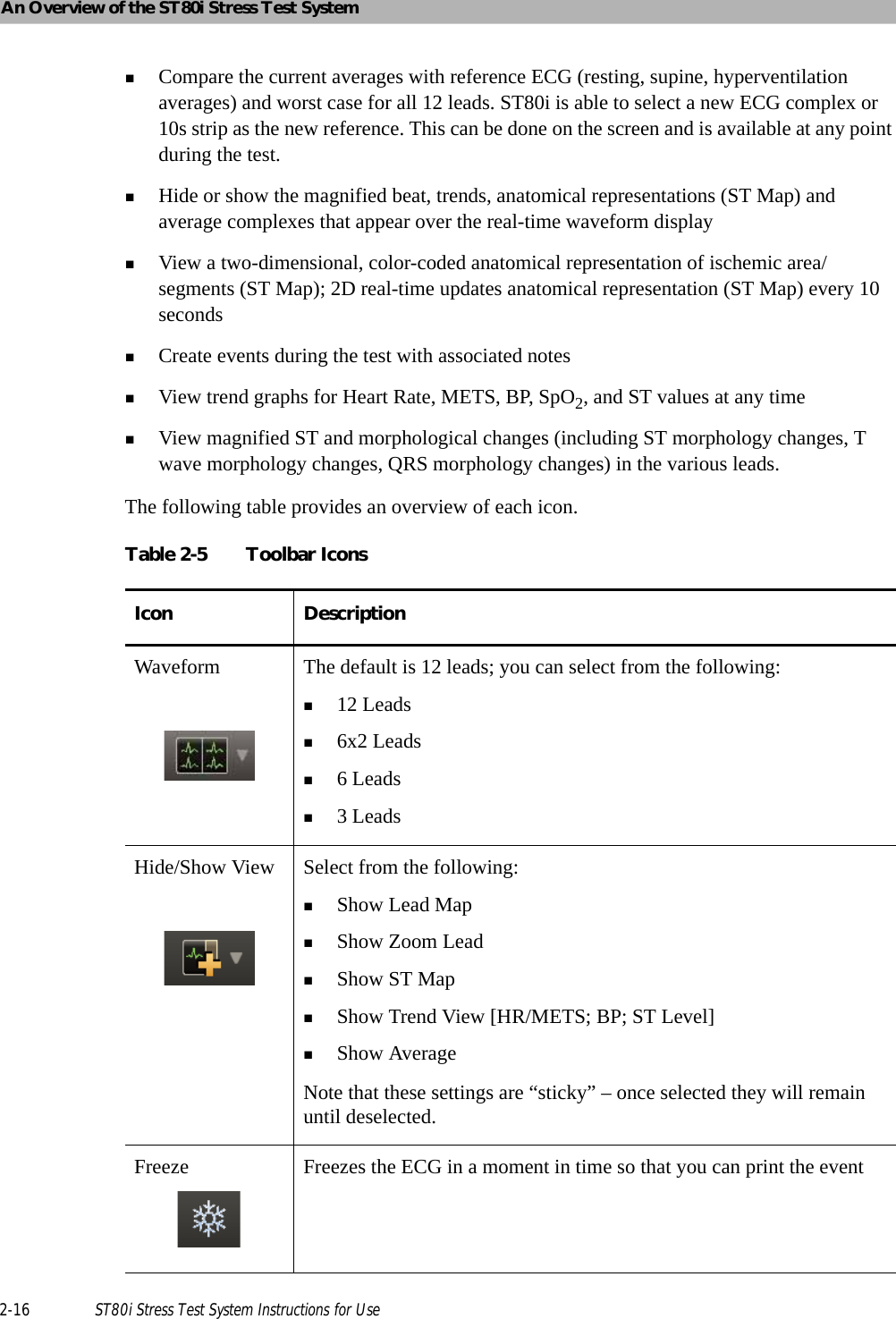 An Overview of the ST80i Stress Test System2-16 ST80i Stress Test System Instructions for UseCompare the current averages with reference ECG (resting, supine, hyperventilation averages) and worst case for all 12 leads. ST80i is able to select a new ECG complex or 10s strip as the new reference. This can be done on the screen and is available at any point during the test. Hide or show the magnified beat, trends, anatomical representations (ST Map) and average complexes that appear over the real-time waveform displayView a two-dimensional, color-coded anatomical representation of ischemic area/segments (ST Map); 2D real-time updates anatomical representation (ST Map) every 10 seconds Create events during the test with associated notesView trend graphs for Heart Rate, METS, BP, SpO2, and ST values at any timeView magnified ST and morphological changes (including ST morphology changes, T wave morphology changes, QRS morphology changes) in the various leads.The following table provides an overview of each icon.Table 2-5 Toolbar IconsIcon DescriptionWaveform The default is 12 leads; you can select from the following:12 Leads6x2 Leads6 Leads3 LeadsHide/Show View Select from the following: Show Lead MapShow Zoom LeadShow ST MapShow Trend View [HR/METS; BP; ST Level]Show AverageNote that these settings are “sticky” – once selected they will remain until deselected.Freeze  Freezes the ECG in a moment in time so that you can print the event 
