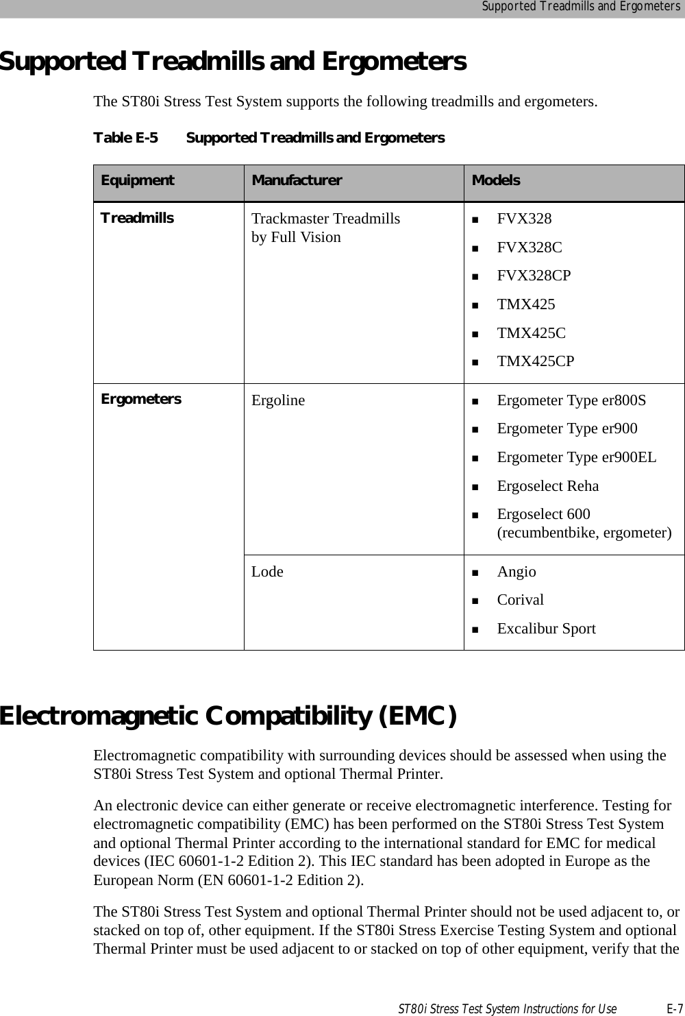 Supported Treadmills and ErgometersST80i Stress Test System Instructions for Use E-7Supported Treadmills and ErgometersThe ST80i Stress Test System supports the following treadmills and ergometers.Electromagnetic Compatibility (EMC)Electromagnetic compatibility with surrounding devices should be assessed when using the ST80i Stress Test System and optional Thermal Printer.An electronic device can either generate or receive electromagnetic interference. Testing for electromagnetic compatibility (EMC) has been performed on the ST80i Stress Test System and optional Thermal Printer according to the international standard for EMC for medical devices (IEC 60601-1-2 Edition 2). This IEC standard has been adopted in Europe as the European Norm (EN 60601-1-2 Edition 2).The ST80i Stress Test System and optional Thermal Printer should not be used adjacent to, or stacked on top of, other equipment. If the ST80i Stress Exercise Testing System and optional Thermal Printer must be used adjacent to or stacked on top of other equipment, verify that the Table E-5 Supported Treadmills and ErgometersEquipment Manufacturer ModelsTreadmills Trackmaster Treadmills by Full VisionFVX328FVX328CFVX328CPTMX425TMX425CTMX425CPErgometers Ergoline Ergometer Type er800SErgometer Type er900Ergometer Type er900ELErgoselect RehaErgoselect 600 (recumbentbike, ergometer)Lode AngioCorivalExcalibur Sport