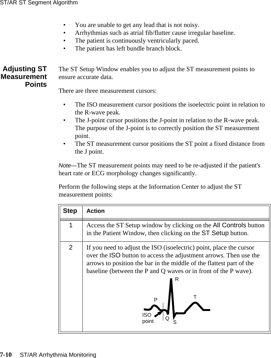 ST/AR ST Segment Algorithm7-10     ST/AR Arrhythmia Monitoring• You are unable to get any lead that is not noisy.• Arrhythmias such as atrial fib/flutter cause irregular baseline.• The patient is continuously ventricularly paced.• The patient has left bundle branch block.Adjusting STMeasurementPointsThe ST Setup Window enables you to adjust the ST measurement points to ensure accurate data.There are three measurement cursors: • The ISO measurement cursor positions the isoelectric point in relation to the R-wave peak. • The J-point cursor positions the J-point in relation to the R-wave peak. The purpose of the J-point is to correctly position the ST measurement point.• The ST measurement cursor positions the ST point a fixed distance from the J point.Note—The ST measurement points may need to be re-adjusted if the patient&apos;s heart rate or ECG morphology changes significantly.Perform the following steps at the Information Center to adjust the ST measurement points:Step Action1Access the ST Setup window by clicking on the All Controls button in the Patient Window, then clicking on the ST Setup button.2If you need to adjust the ISO (isoelectric) point, place the cursor over the ISO button to access the adjustment arrows. Then use the arrows to position the bar in the middle of the flattest part of the baseline (between the P and Q waves or in front of the P wave).TRPISO point QS