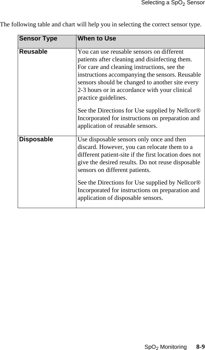 Selecting a SpO2 Sensor   SpO2 Monitoring      8-9The following table and chart will help you in selecting the correct sensor type.Sensor Type When to UseReusable You can use reusable sensors on different patients after cleaning and disinfecting them. For care and cleaning instructions, see the instructions accompanying the sensors. Reusable sensors should be changed to another site every 2-3 hours or in accordance with your clinical practice guidelines. See the Directions for Use supplied by Nellcor® Incorporated for instructions on preparation and application of reusable sensors.Disposable Use disposable sensors only once and then discard. However, you can relocate them to a different patient-site if the first location does not give the desired results. Do not reuse disposable sensors on different patients.See the Directions for Use supplied by Nellcor® Incorporated for instructions on preparation and application of disposable sensors.