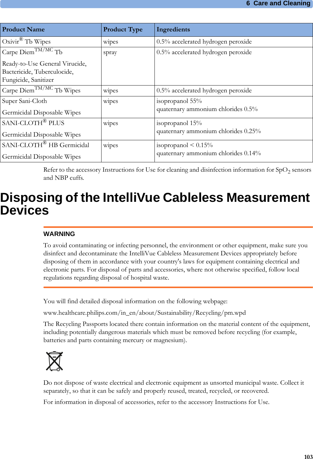 6 Care and Cleaning103Refer to the accessory Instructions for Use for cleaning and disinfection information for SpO2 sensors and NBP cuffs.Disposing of the IntelliVue Cableless Measurement DevicesWARNINGTo avoid contaminating or infecting personnel, the environment or other equipment, make sure you disinfect and decontaminate the IntelliVue Cableless Measurement Devices appropriately before disposing of them in accordance with your country&apos;s laws for equipment containing electrical and electronic parts. For disposal of parts and accessories, where not otherwise specified, follow local regulations regarding disposal of hospital waste.You will find detailed disposal information on the following webpage:www.healthcare.philips.com/in_en/about/Sustainability/Recycling/pm.wpdThe Recycling Passports located there contain information on the material content of the equipment, including potentially dangerous materials which must be removed before recycling (for example, batteries and parts containing mercury or magnesium).Do not dispose of waste electrical and electronic equipment as unsorted municipal waste. Collect it separately, so that it can be safely and properly reused, treated, recycled, or recovered.For information in disposal of accessories, refer to the accessory Instructions for Use.Oxivir® Tb Wipes wipes 0.5% accelerated hydrogen peroxideCarpe DiemTM/MC TbReady-to-Use General Virucide, Bactericide, Tuberculocide, Fungicide, Sanitizerspray 0.5% accelerated hydrogen peroxideCarpe DiemTM/MC Tb Wipes wipes 0.5% accelerated hydrogen peroxideSuper Sani-ClothGermicidal Disposable Wipeswipes isopropanol 55%quaternary ammonium chlorides 0.5%SANI-CLOTH® PLUSGermicidal Disposable Wipeswipes isopropanol 15%quaternary ammonium chlorides 0.25%SANI-CLOTH® HB GermicidalGermicidal Disposable Wipeswipes isopropanol &lt; 0.15%quaternary ammonium chlorides 0.14%Product Name Product Type Ingredients