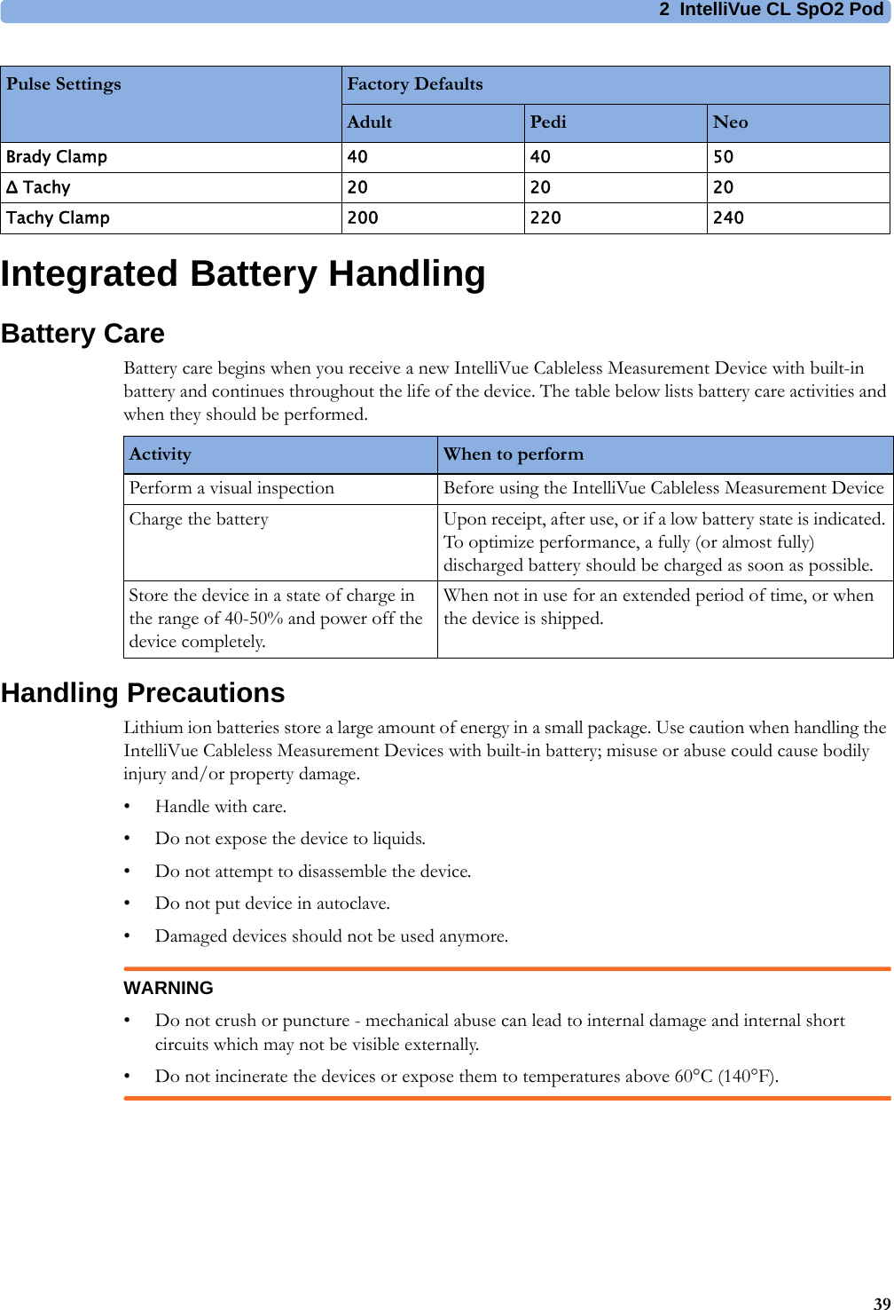2 IntelliVue CL SpO2 Pod39Integrated Battery HandlingBattery CareBattery care begins when you receive a new IntelliVue Cableless Measurement Device with built-in battery and continues throughout the life of the device. The table below lists battery care activities and when they should be performed.Handling PrecautionsLithium ion batteries store a large amount of energy in a small package. Use caution when handling the IntelliVue Cableless Measurement Devices with built-in battery; misuse or abuse could cause bodily injury and/or property damage.• Handle with care.• Do not expose the device to liquids.• Do not attempt to disassemble the device.• Do not put device in autoclave.• Damaged devices should not be used anymore.WARNING• Do not crush or puncture - mechanical abuse can lead to internal damage and internal short circuits which may not be visible externally.• Do not incinerate the devices or expose them to temperatures above 60°C (140°F).Brady Clamp 404050Δ Tachy 202020Tachy Clamp 200 220 240Pulse Settings Factory DefaultsAdult Pedi NeoActivity When to performPerform a visual inspection Before using the IntelliVue Cableless Measurement DeviceCharge the battery Upon receipt, after use, or if a low battery state is indicated. To optimize performance, a fully (or almost fully) discharged battery should be charged as soon as possible.Store the device in a state of charge in the range of 40-50% and power off the device completely.When not in use for an extended period of time, or when the device is shipped. 