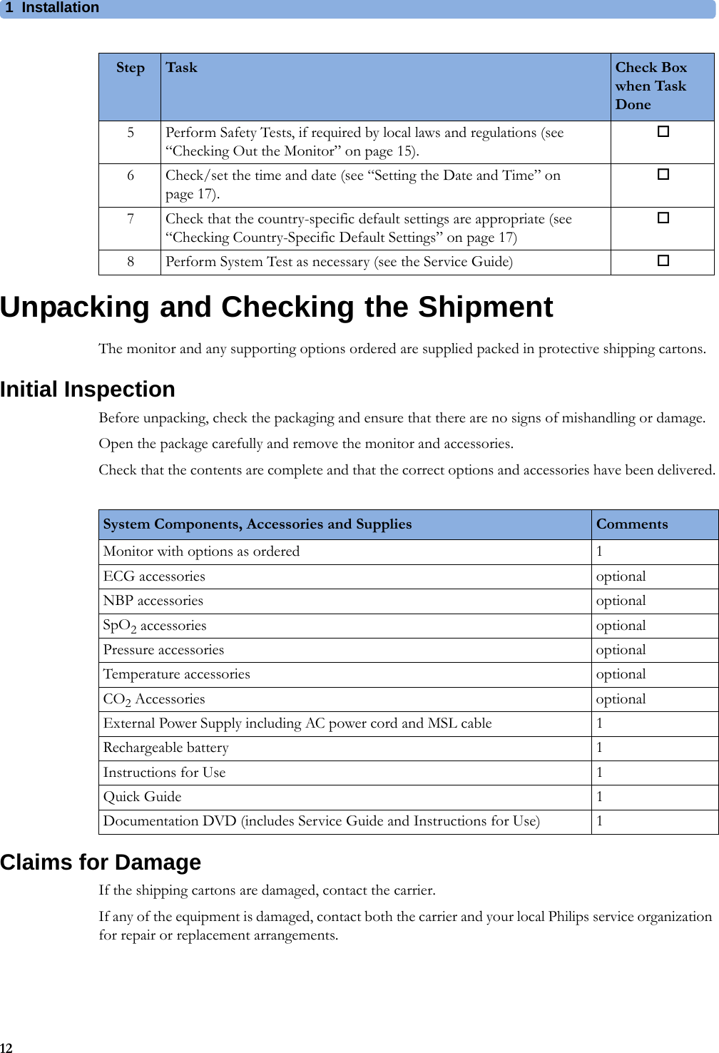 1 Installation12Unpacking and Checking the ShipmentThe monitor and any supporting options ordered are supplied packed in protective shipping cartons.Initial InspectionBefore unpacking, check the packaging and ensure that there are no signs of mishandling or damage.Open the package carefully and remove the monitor and accessories.Check that the contents are complete and that the correct options and accessories have been delivered.Claims for DamageIf the shipping cartons are damaged, contact the carrier.If any of the equipment is damaged, contact both the carrier and your local Philips service organization for repair or replacement arrangements.5 Perform Safety Tests, if required by local laws and regulations (see “Checking Out the Monitor” on page 15).6 Check/set the time and date (see “Setting the Date and Time” on page 17).7 Check that the country-specific default settings are appropriate (see “Checking Country-Specific Default Settings” on page 17)8 Perform System Test as necessary (see the Service Guide) Step Task Check Box when Task DoneSystem Components, Accessories and Supplies CommentsMonitor with options as ordered 1ECG accessories optionalNBP accessories optionalSpO2 accessories optionalPressure accessories optionalTemperature accessories optionalCO2 Accessories optionalExternal Power Supply including AC power cord and MSL cable 1Rechargeable battery 1Instructions for Use 1Quick Guide 1Documentation DVD (includes Service Guide and Instructions for Use) 1