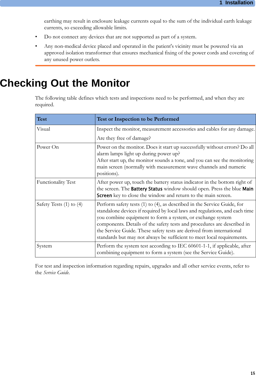 1 Installation15earthing may result in enclosure leakage currents equal to the sum of the individual earth leakage currents, so exceeding allowable limits.• Do not connect any devices that are not supported as part of a system.• Any non-medical device placed and operated in the patient&apos;s vicinity must be powered via an approved isolation transformer that ensures mechanical fixing of the power cords and covering of any unused power outlets.Checking Out the MonitorThe following table defines which tests and inspections need to be performed, and when they are required.For test and inspection information regarding repairs, upgrades and all other service events, refer to the Service Guide.Test Test or Inspection to be PerformedVisual Inspect the monitor, measurement accessories and cables for any damage.Are they free of damage?Power On Power on the monitor. Does it start up successfully without errors? Do all alarm lamps light up during power up? After start up, the monitor sounds a tone, and you can see the monitoring main screen (normally with measurement wave channels and numeric positions).Functionality Test After power up, touch the battery status indicator in the bottom right of the screen. The Battery Status window should open. Press the blue Main Screen key to close the window and return to the main screen.Safety Tests (1) to (4) Perform safety tests (1) to (4), as described in the Service Guide, for standalone devices if required by local laws and regulations, and each time you combine equipment to form a system, or exchange system components. Details of the safety tests and procedures are described in the Service Guide. These safety tests are derived from international standards but may not always be sufficient to meet local requirements.System Perform the system test according to IEC 60601-1-1, if applicable, after combining equipment to form a system (see the Service Guide).