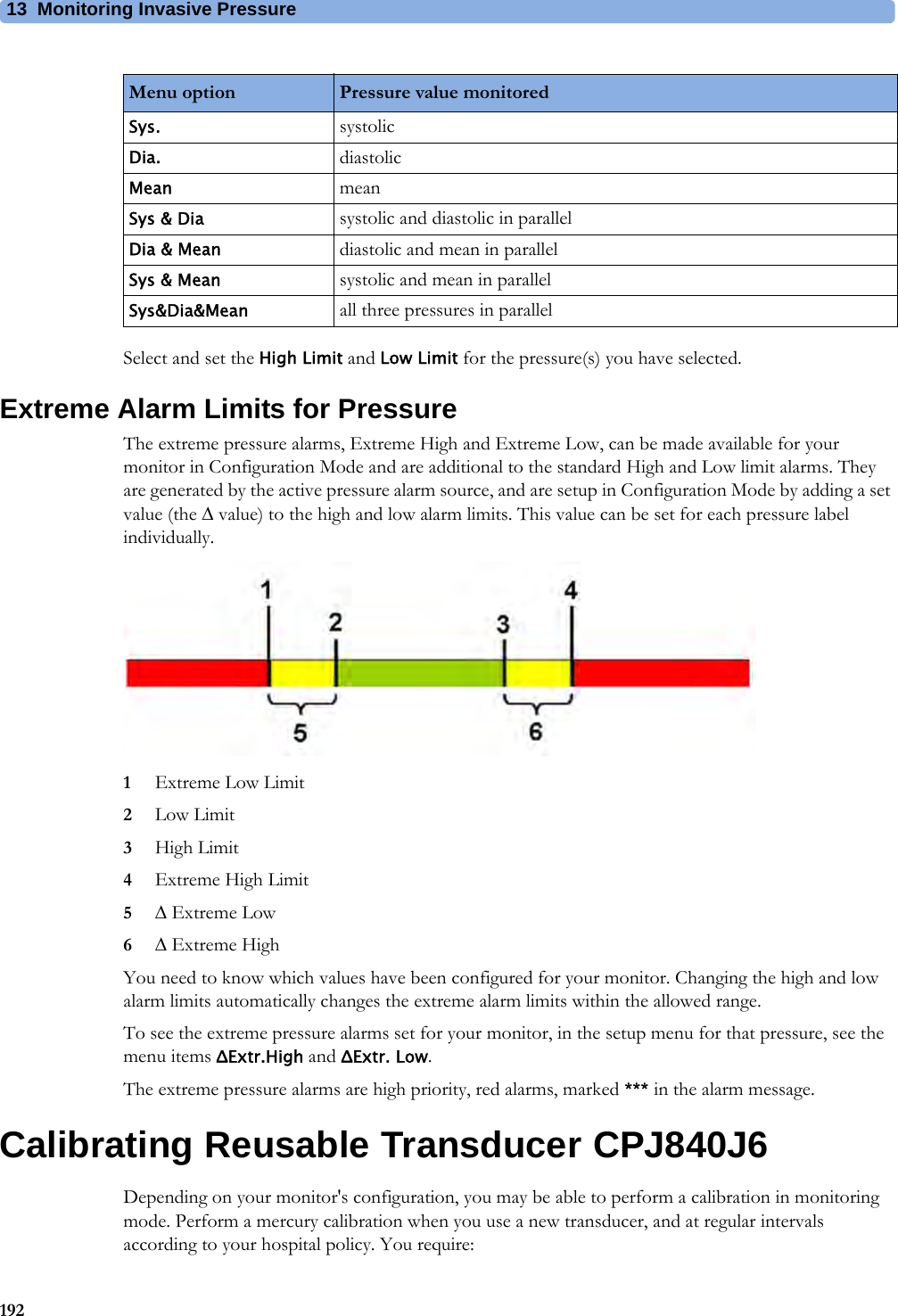 13 Monitoring Invasive Pressure192Select and set the High Limit and Low Limit for the pressure(s) you have selected.Extreme Alarm Limits for PressureThe extreme pressure alarms, Extreme High and Extreme Low, can be made available for your monitor in Configuration Mode and are additional to the standard High and Low limit alarms. They are generated by the active pressure alarm source, and are setup in Configuration Mode by adding a set value (the  value) to the high and low alarm limits. This value can be set for each pressure label individually.1Extreme Low Limit2Low Limit3High Limit4Extreme High Limit5 Extreme Low6 Extreme HighYou need to know which values have been configured for your monitor. Changing the high and low alarm limits automatically changes the extreme alarm limits within the allowed range.To see the extreme pressure alarms set for your monitor, in the setup menu for that pressure, see the menu items ΔExtr.High and ΔExtr. Low. The extreme pressure alarms are high priority, red alarms, marked *** in the alarm message.Calibrating Reusable Transducer CPJ840J6Depending on your monitor&apos;s configuration, you may be able to perform a calibration in monitoring mode. Perform a mercury calibration when you use a new transducer, and at regular intervals according to your hospital policy. You require:Menu option Pressure value monitoredSys. systolicDia. diastolicMean meanSys &amp; Dia systolic and diastolic in parallelDia &amp; Mean diastolic and mean in parallelSys &amp; Mean systolic and mean in parallelSys&amp;Dia&amp;Mean all three pressures in parallel