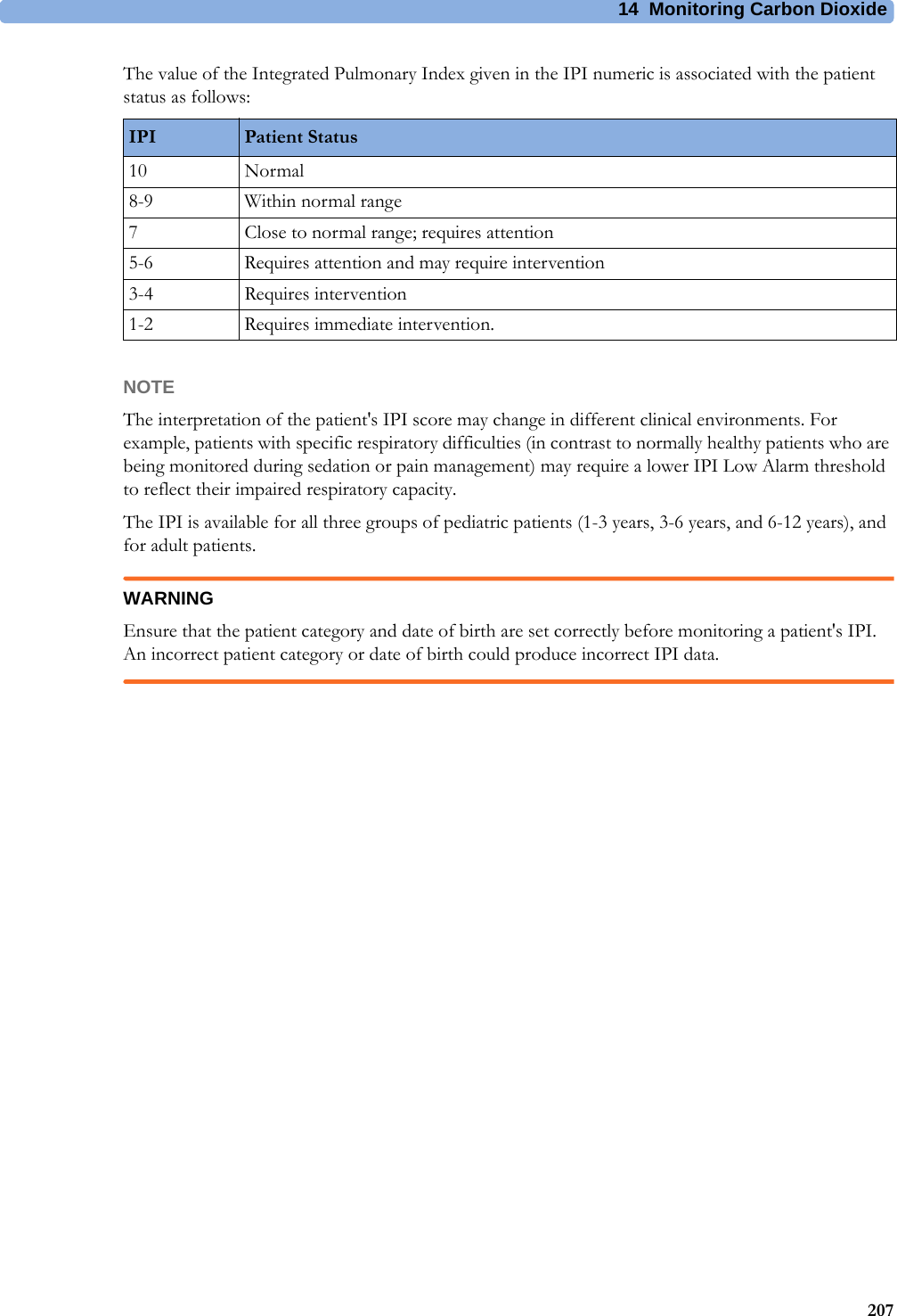 14 Monitoring Carbon Dioxide207The value of the Integrated Pulmonary Index given in the IPI numeric is associated with the patient status as follows:NOTEThe interpretation of the patient&apos;s IPI score may change in different clinical environments. For example, patients with specific respiratory difficulties (in contrast to normally healthy patients who are being monitored during sedation or pain management) may require a lower IPI Low Alarm threshold to reflect their impaired respiratory capacity.The IPI is available for all three groups of pediatric patients (1-3 years, 3-6 years, and 6-12 years), and for adult patients.WARNINGEnsure that the patient category and date of birth are set correctly before monitoring a patient&apos;s IPI. An incorrect patient category or date of birth could produce incorrect IPI data.IPI Patient Status10 Normal8-9 Within normal range7 Close to normal range; requires attention5-6 Requires attention and may require intervention3-4 Requires intervention1-2 Requires immediate intervention.