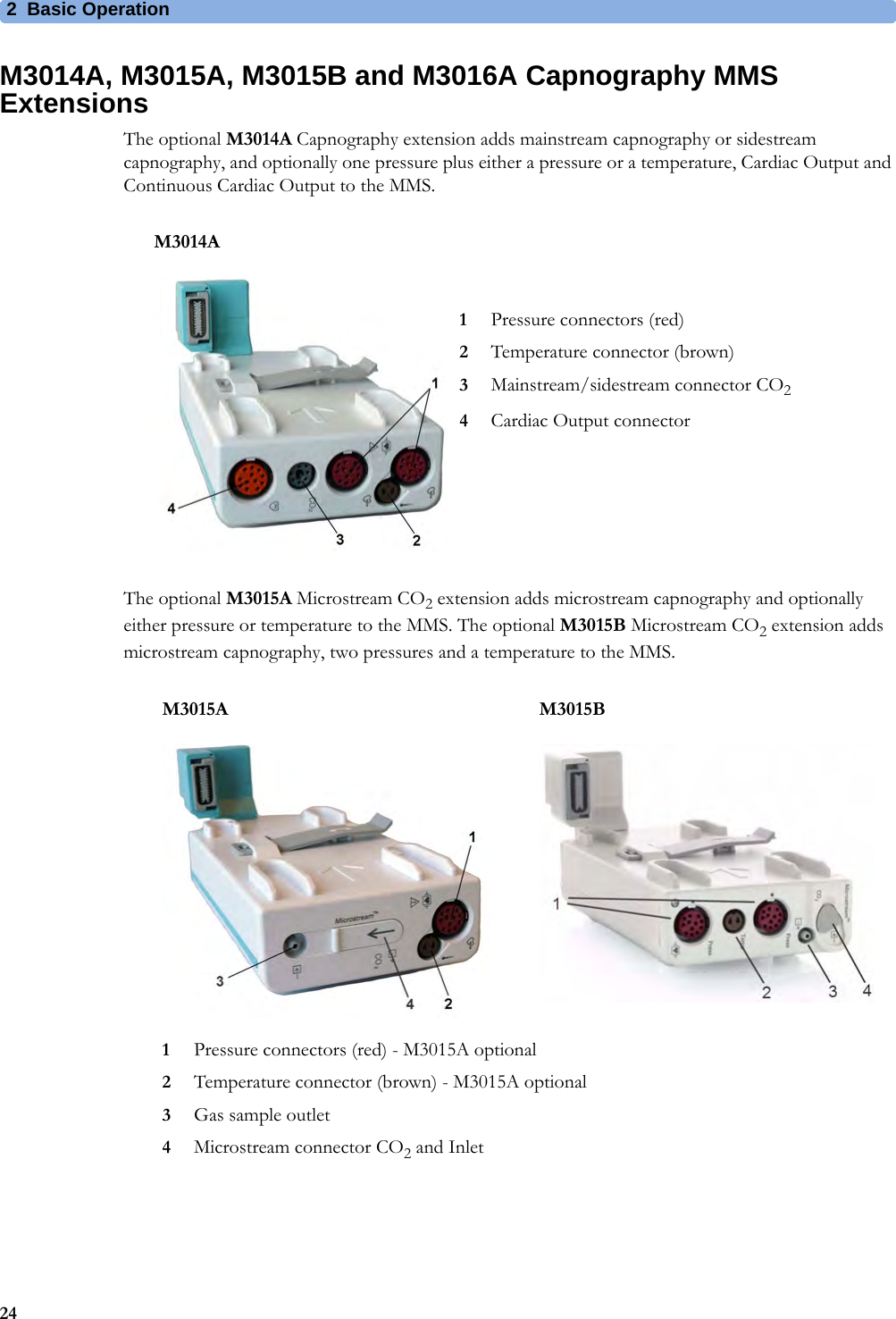 2 Basic Operation24M3014A, M3015A, M3015B and M3016A Capnography MMS ExtensionsThe optional M3014A Capnography extension adds mainstream capnography or sidestream capnography, and optionally one pressure plus either a pressure or a temperature, Cardiac Output and Continuous Cardiac Output to the MMS.The optional M3015A Microstream CO2 extension adds microstream capnography and optionally either pressure or temperature to the MMS. The optional M3015B Microstream CO2 extension adds microstream capnography, two pressures and a temperature to the MMS.M3014A1Pressure connectors (red)2Temperature connector (brown)3Mainstream/sidestream connector CO24Cardiac Output connectorM3015A M3015B1Pressure connectors (red) - M3015A optional2Temperature connector (brown) - M3015A optional3Gas sample outlet4Microstream connector CO2 and Inlet