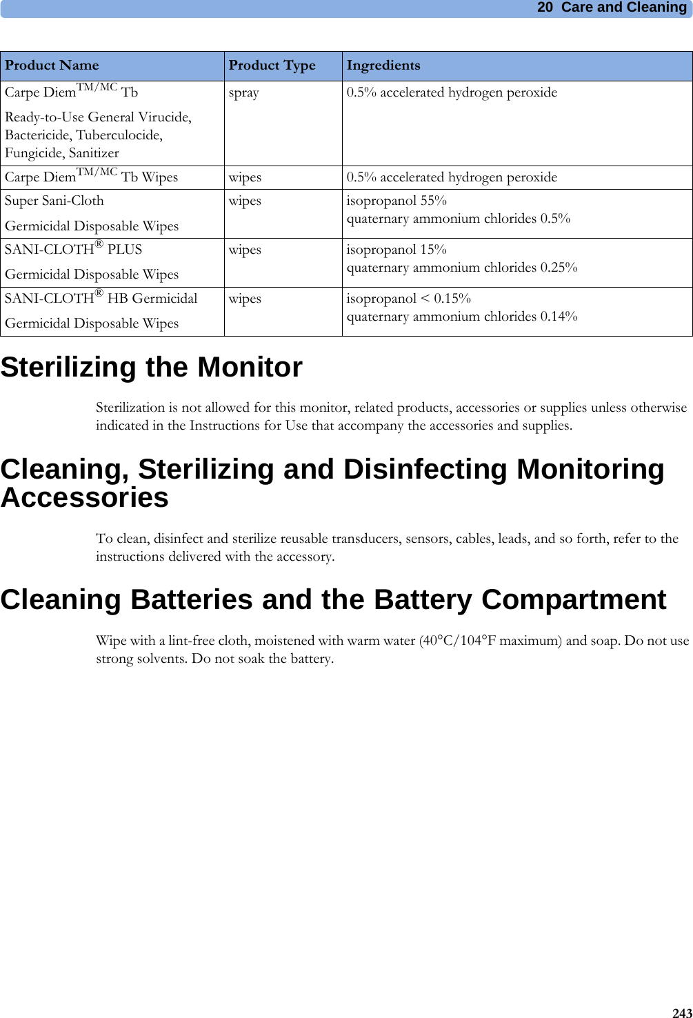 20 Care and Cleaning243Sterilizing the MonitorSterilization is not allowed for this monitor, related products, accessories or supplies unless otherwise indicated in the Instructions for Use that accompany the accessories and supplies.Cleaning, Sterilizing and Disinfecting Monitoring AccessoriesTo clean, disinfect and sterilize reusable transducers, sensors, cables, leads, and so forth, refer to the instructions delivered with the accessory.Cleaning Batteries and the Battery CompartmentWipe with a lint-free cloth, moistened with warm water (40°C/104°F maximum) and soap. Do not use strong solvents. Do not soak the battery.Carpe DiemTM/MC TbReady-to-Use General Virucide, Bactericide, Tuberculocide, Fungicide, Sanitizerspray 0.5% accelerated hydrogen peroxideCarpe DiemTM/MC Tb Wipes wipes 0.5% accelerated hydrogen peroxideSuper Sani-ClothGermicidal Disposable Wipeswipes isopropanol 55%quaternary ammonium chlorides 0.5%SANI-CLOTH® PLUSGermicidal Disposable Wipeswipes isopropanol 15%quaternary ammonium chlorides 0.25%SANI-CLOTH® HB GermicidalGermicidal Disposable Wipeswipes isopropanol &lt; 0.15%quaternary ammonium chlorides 0.14%Product Name Product Type Ingredients