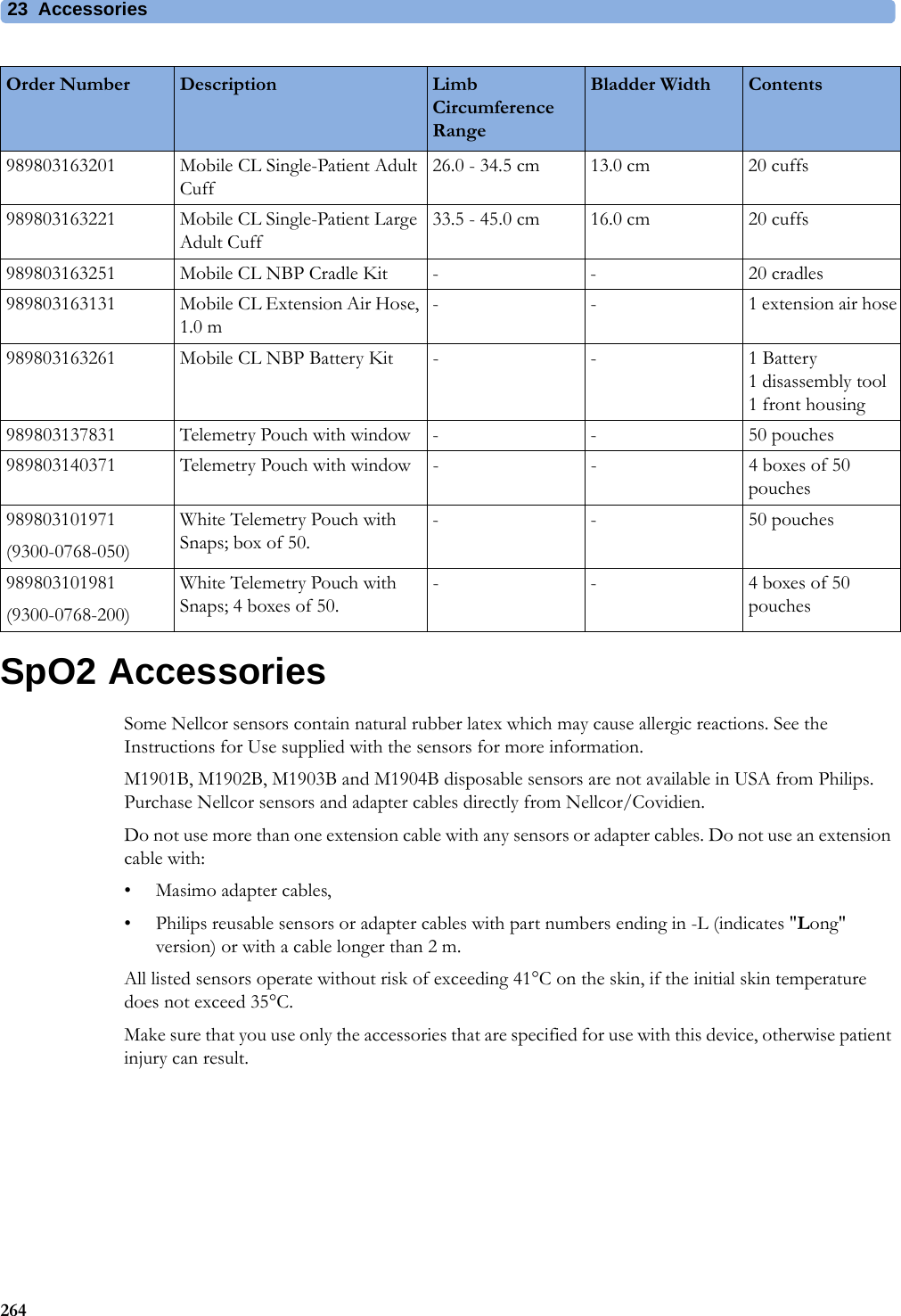 23 Accessories264SpO2 AccessoriesSome Nellcor sensors contain natural rubber latex which may cause allergic reactions. See the Instructions for Use supplied with the sensors for more information.M1901B, M1902B, M1903B and M1904B disposable sensors are not available in USA from Philips. Purchase Nellcor sensors and adapter cables directly from Nellcor/Covidien.Do not use more than one extension cable with any sensors or adapter cables. Do not use an extension cable with:• Masimo adapter cables,• Philips reusable sensors or adapter cables with part numbers ending in -L (indicates &quot;Long&quot; version) or with a cable longer than 2 m.All listed sensors operate without risk of exceeding 41°C on the skin, if the initial skin temperature does not exceed 35°C.Make sure that you use only the accessories that are specified for use with this device, otherwise patient injury can result.989803163201 Mobile CL Single-Patient Adult Cuff26.0 - 34.5 cm 13.0 cm 20 cuffs989803163221 Mobile CL Single-Patient Large Adult Cuff33.5 - 45.0 cm 16.0 cm 20 cuffs989803163251 Mobile CL NBP Cradle Kit - - 20 cradles989803163131 Mobile CL Extension Air Hose, 1.0 m- - 1 extension air hose989803163261 Mobile CL NBP Battery Kit - -  1 Battery1 disassembly tool1 front housing989803137831 Telemetry Pouch with window - - 50 pouches989803140371 Telemetry Pouch with window - - 4 boxes of 50 pouches989803101971(9300-0768-050)White Telemetry Pouch with Snaps; box of 50.- - 50 pouches989803101981(9300-0768-200)White Telemetry Pouch with Snaps; 4 boxes of 50.- - 4 boxes of 50 pouchesOrder Number Description Limb Circumference RangeBladder Width Contents