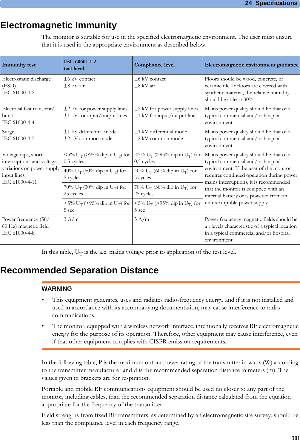 24 Specifications301Electromagnetic ImmunityThe monitor is suitable for use in the specified electromagnetic environment. The user must ensure that it is used in the appropriate environment as described below.In this table, UT is the a.c. mains voltage prior to application of the test level.Recommended Separation DistanceWARNING• This equipment generates, uses and radiates radio-frequency energy, and if it is not installed and used in accordance with its accompanying documentation, may cause interference to radio communications.• The monitor, equipped with a wireless network interface, intentionally receives RF electromagnetic energy for the purpose of its operation. Therefore, other equipment may cause interference, even if that other equipment complies with CISPR emission requirements.In the following table, P is the maximum output power rating of the transmitter in watts (W) according to the transmitter manufacturer and d is the recommended separation distance in meters (m). The values given in brackets are for respiration.Portable and mobile RF communications equipment should be used no closer to any part of the monitor, including cables, than the recommended separation distance calculated from the equation appropriate for the frequency of the transmitter.Field strengths from fixed RF transmitters, as determined by an electromagnetic site survey, should be less than the compliance level in each frequency range.Immunity test IEC 60601-1-2 test level Compliance level Electromagnetic environment guidanceElectrostatic discharge (ESD) IEC 61000-4-2±6 kV contact±8 kV air±6 kV contact±8 kV airFloors should be wood, concrete, or ceramic tile. If floors are covered with synthetic material, the relative humidity should be at least 30%.Electrical fast transient/burstIEC 61000-4-4±2 kV for power supply lines±1 kV for input/output lines±2 kV for power supply lines±1 kV for input/output linesMains power quality should be that of a typical commercial and/or hospital environmentSurge IEC 61000-4-5±1 kV differential mode±2 kV common mode±1 kV differential mode±2 kV common modeMains power quality should be that of a typical commercial and/or hospital environmentVoltage dips, short interruptions and voltage variations on power supply input linesIEC 61000-4-11&lt;5% UT (&gt;95% dip in UT) for 0.5 cycles&lt;5% UT (&gt;95% dip in UT) for 0.5 cyclesMains power quality should be that of a typical commercial and/or hospital environment. If the user of the monitor requires continued operation during power mains interruptions, it is recommended that the monitor is equipped with an internal battery or is powered from an uninterruptible power supply.40% UT (60% dip in UT) for 5cycles40% UT (60% dip in UT) for 5 cycles70% UT (30% dip in UT) for 25 cycles70% UT (30% dip in UT) for 25 cycles&lt;5% UT (&gt;95% dip in UT) for 5sec&lt;5% UT (&gt;95% dip in UT) for 5secPower frequency (50/60 Hz) magnetic fieldIEC 61000-4-83 A/m 3 A/m Power frequency magnetic fields should be a t levels characteristic of a typical location in a typical commercial and/or hospital environment