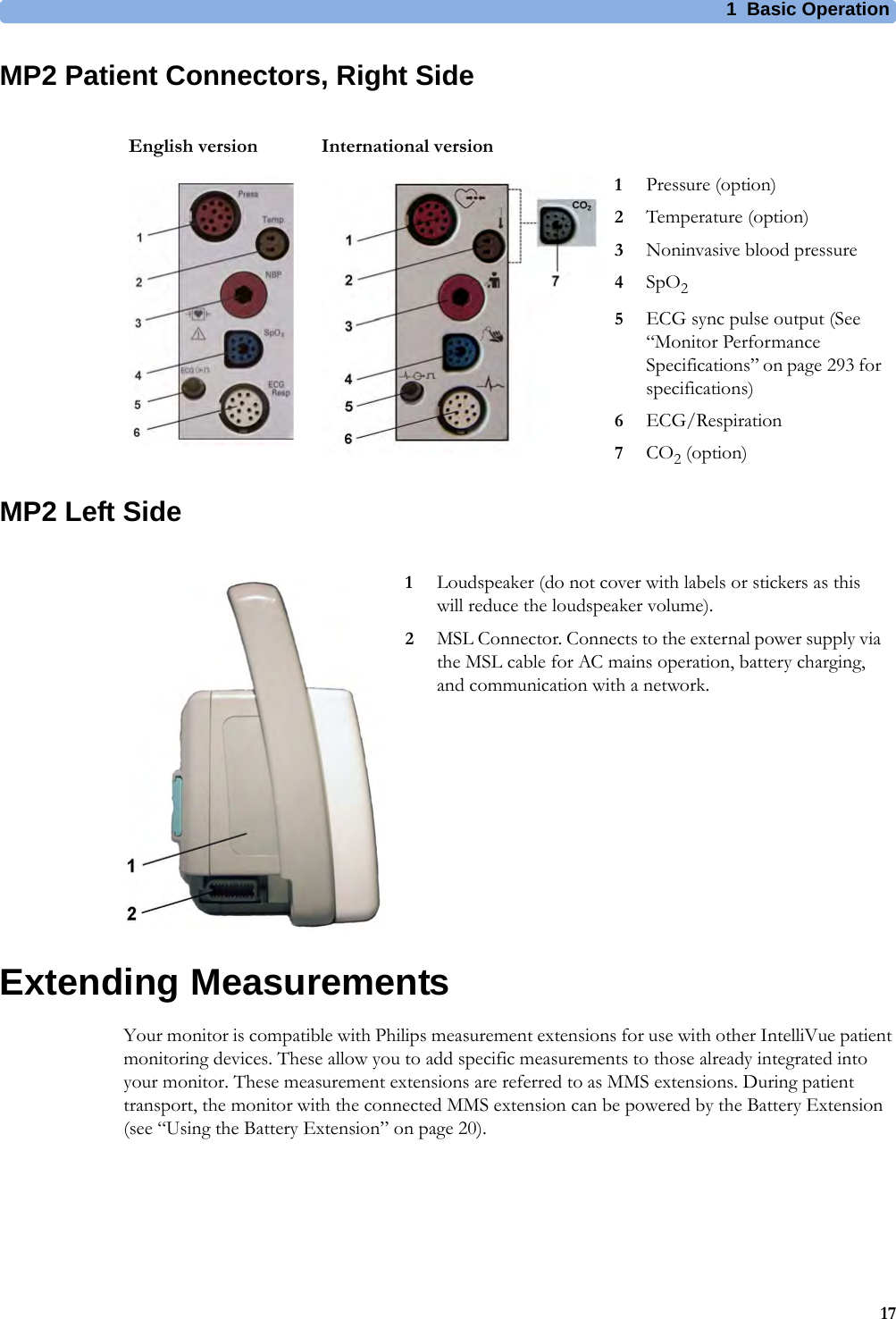 1 Basic Operation17MP2 Patient Connectors, Right SideMP2 Left SideExtending MeasurementsYour monitor is compatible with Philips measurement extensions for use with other IntelliVue patient monitoring devices. These allow you to add specific measurements to those already integrated into your monitor. These measurement extensions are referred to as MMS extensions. During patient transport, the monitor with the connected MMS extension can be powered by the Battery Extension (see “Using the Battery Extension” on page 20).English version International version1Pressure (option)2Temperature (option)3Noninvasive blood pressure4SpO25ECG sync pulse output (See “Monitor Performance Specifications” on page 293 for specifications)6ECG/Respiration7CO2 (option)1Loudspeaker (do not cover with labels or stickers as this will reduce the loudspeaker volume).2MSL Connector. Connects to the external power supply via the MSL cable for AC mains operation, battery charging, and communication with a network.