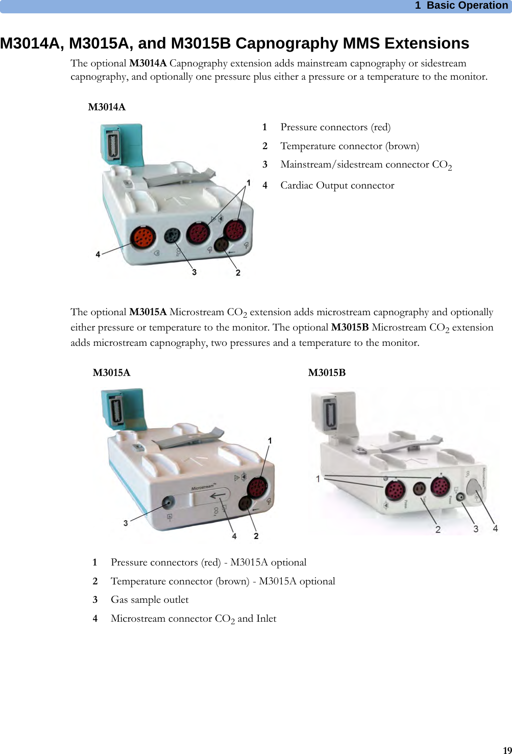 1 Basic Operation19M3014A, M3015A, and M3015B Capnography MMS ExtensionsThe optional M3014A Capnography extension adds mainstream capnography or sidestream capnography, and optionally one pressure plus either a pressure or a temperature to the monitor.The optional M3015A Microstream CO2 extension adds microstream capnography and optionally either pressure or temperature to the monitor. The optional M3015B Microstream CO2 extension adds microstream capnography, two pressures and a temperature to the monitor.M3014A1Pressure connectors (red)2Temperature connector (brown)3Mainstream/sidestream connector CO24Cardiac Output connectorM3015A M3015B1Pressure connectors (red) - M3015A optional2Temperature connector (brown) - M3015A optional3Gas sample outlet4Microstream connector CO2 and Inlet