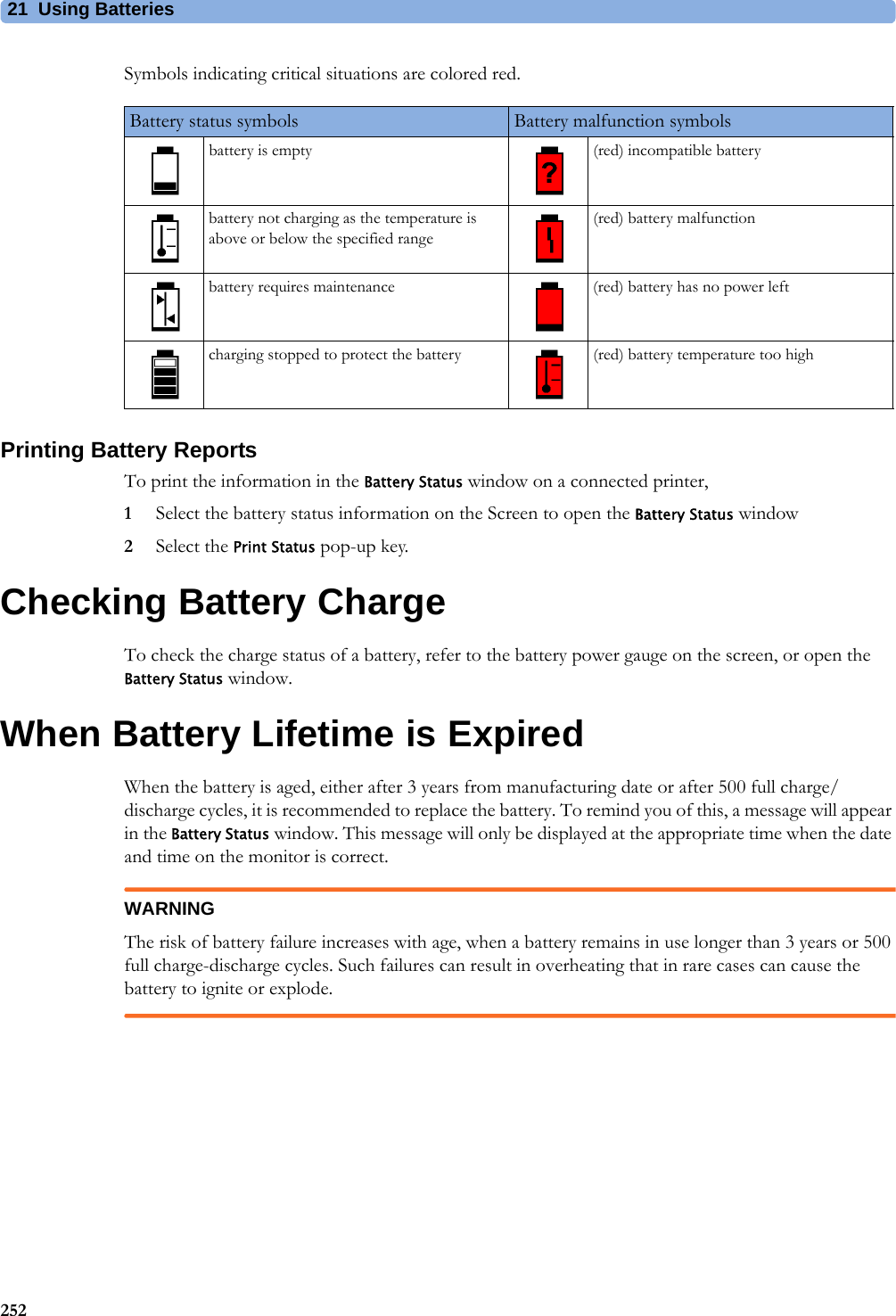 21 Using Batteries252Symbols indicating critical situations are colored red.Printing Battery ReportsTo print the information in the Battery Status window on a connected printer,1Select the battery status information on the Screen to open the Battery Status window2Select the Print Status pop-up key.Checking Battery ChargeTo check the charge status of a battery, refer to the battery power gauge on the screen, or open the Battery Status window.When Battery Lifetime is ExpiredWhen the battery is aged, either after 3 years from manufacturing date or after 500 full charge/discharge cycles, it is recommended to replace the battery. To remind you of this, a message will appear in the Battery Status window. This message will only be displayed at the appropriate time when the date and time on the monitor is correct.WARNINGThe risk of battery failure increases with age, when a battery remains in use longer than 3 years or 500 full charge-discharge cycles. Such failures can result in overheating that in rare cases can cause the battery to ignite or explode.Battery status symbols Battery malfunction symbolsbattery is empty (red) incompatible batterybattery not charging as the temperature is above or below the specified range(red) battery malfunctionbattery requires maintenance (red) battery has no power leftcharging stopped to protect the battery (red) battery temperature too high