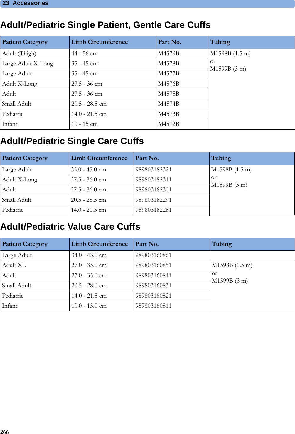 23 Accessories266Adult/Pediatric Single Patient, Gentle Care CuffsAdult/Pediatric Single Care CuffsAdult/Pediatric Value Care CuffsPatient Category Limb Circumference Part No. TubingAdult (Thigh) 44 - 56 cm M4579B M1598B (1.5 m) orM1599B (3 m)Large Adult X-Long 35 - 45 cm M4578BLarge Adult 35 - 45 cm M4577BAdult X-Long 27.5 - 36 cm M4576BAdult 27.5 - 36 cm M4575BSmall Adult 20.5 - 28.5 cm M4574BPediatric 14.0 - 21.5 cm M4573BInfant 10 - 15 cm M4572BPatient Category Limb Circumference Part No. TubingLarge Adult 35.0 - 45.0 cm 989803182321 M1598B (1.5 m) orM1599B (3 m)Adult X-Long 27.5 - 36.0 cm 989803182311Adult 27.5 - 36.0 cm 989803182301Small Adult 20.5 - 28.5 cm 989803182291Pediatric 14.0 - 21.5 cm 989803182281Patient Category Limb Circumference Part No. TubingLarge Adult 34.0 - 43.0 cm 989803160861M1598B (1.5 m)orM1599B (3 m)Adult XL 27.0 - 35.0 cm 989803160851Adult 27.0 - 35.0 cm 989803160841Small Adult 20.5 - 28.0 cm 989803160831Pediatric 14.0 - 21.5 cm 989803160821Infant 10.0 - 15.0 cm 989803160811