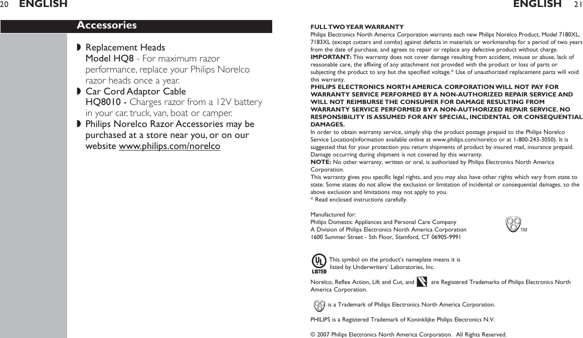 Page 11 of 11 - Philips-Norelco Philips-Norelco-7180Xl-Users-Manual- 07_7180XL_7183XL  Philips-norelco-7180xl-users-manual