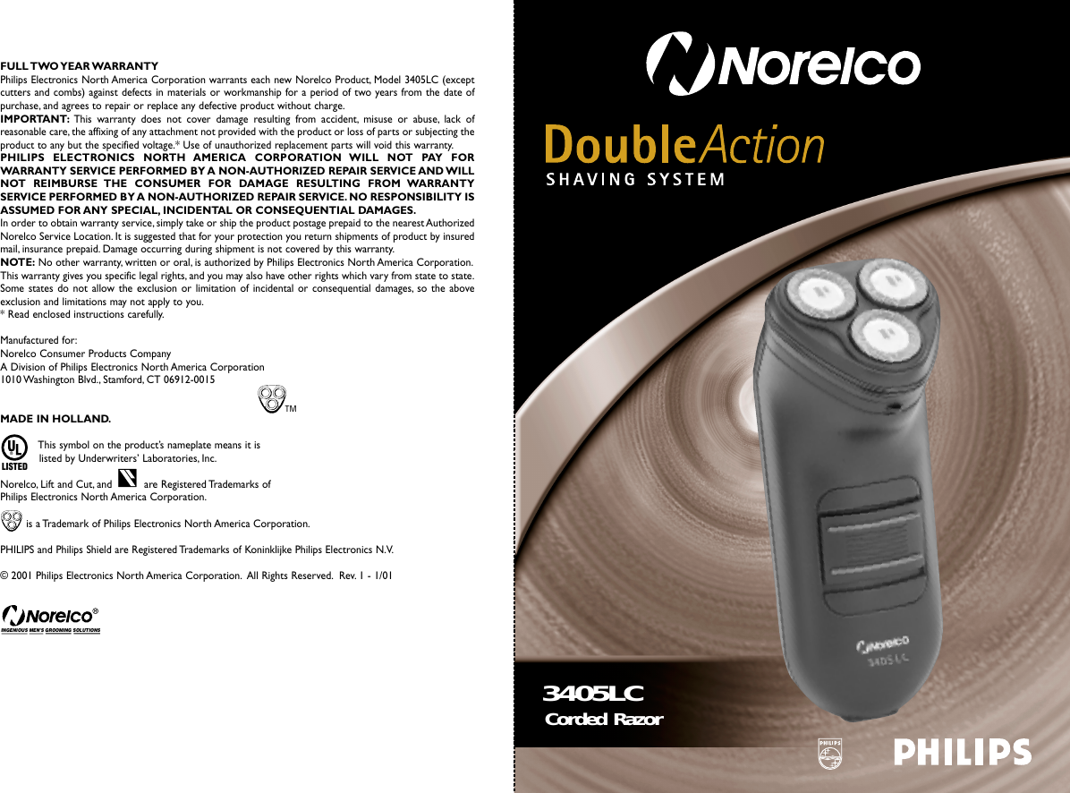 Page 1 of 7 - Philips-Norelco Philips-Norelco-Corded-Razor-3405Lc-Users-Manual-  Philips-norelco-corded-razor-3405lc-users-manual