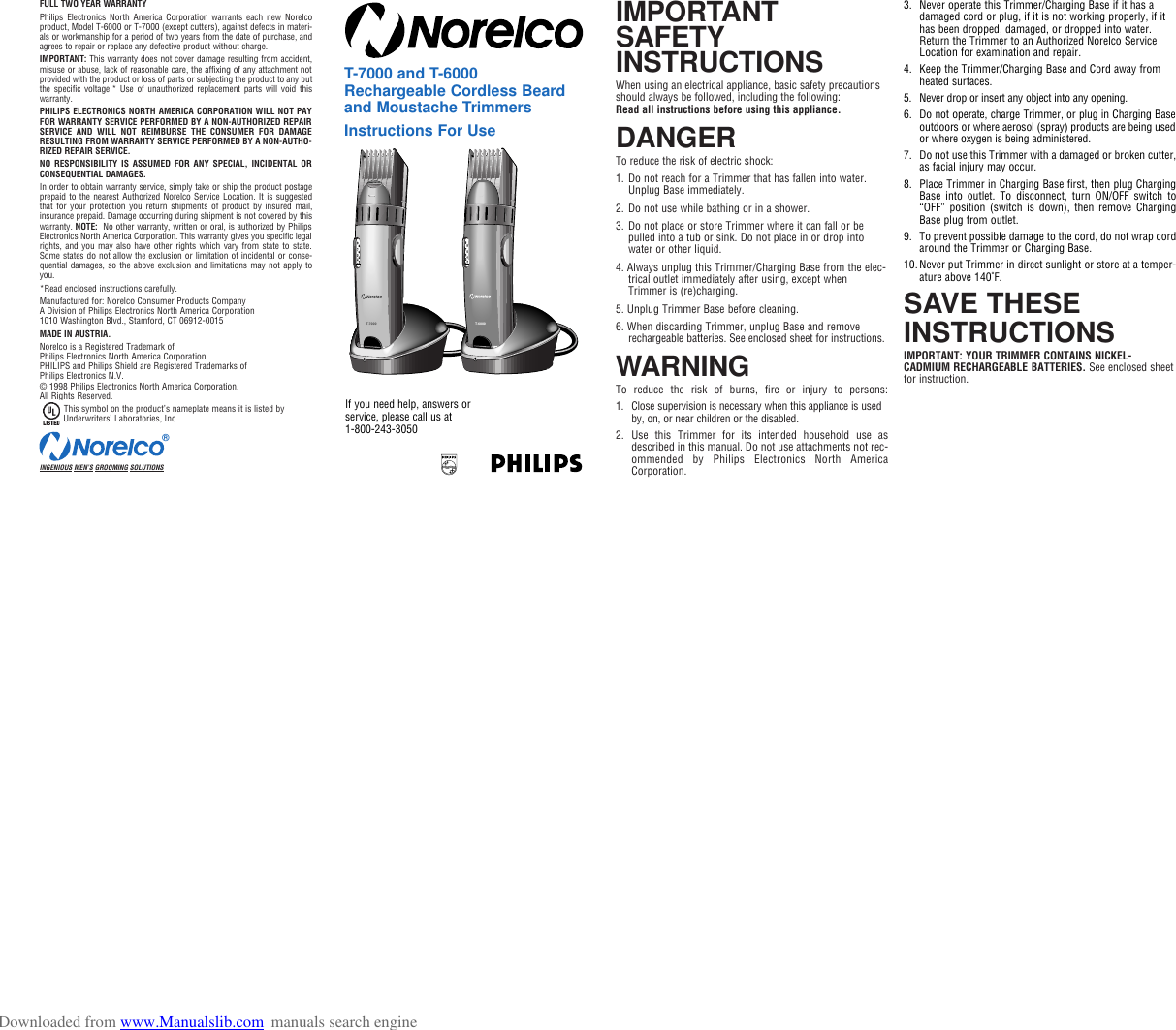 Page 1 of 4 - Philips-Norelco Philips-Norelco-Electric-Shaver-T-6000-Users-Manual- ManualsLib - Makes It Easy To Find Manuals Online!  Philips-norelco-electric-shaver-t-6000-users-manual