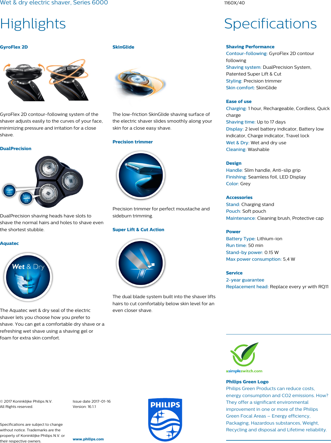 Page 2 of 2 - Philips 1160X/40 Wet & Dry Electric Shaver, Series 6000 With Precision Trimmer User Manual Leaflet 1160x 40 Pss Aenus