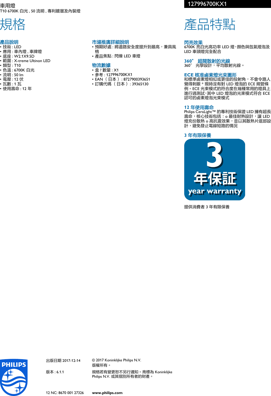 Page 2 of 2 - Philips 127996700KX1 車用燈 使用手册 傳單 Pss Zhthk