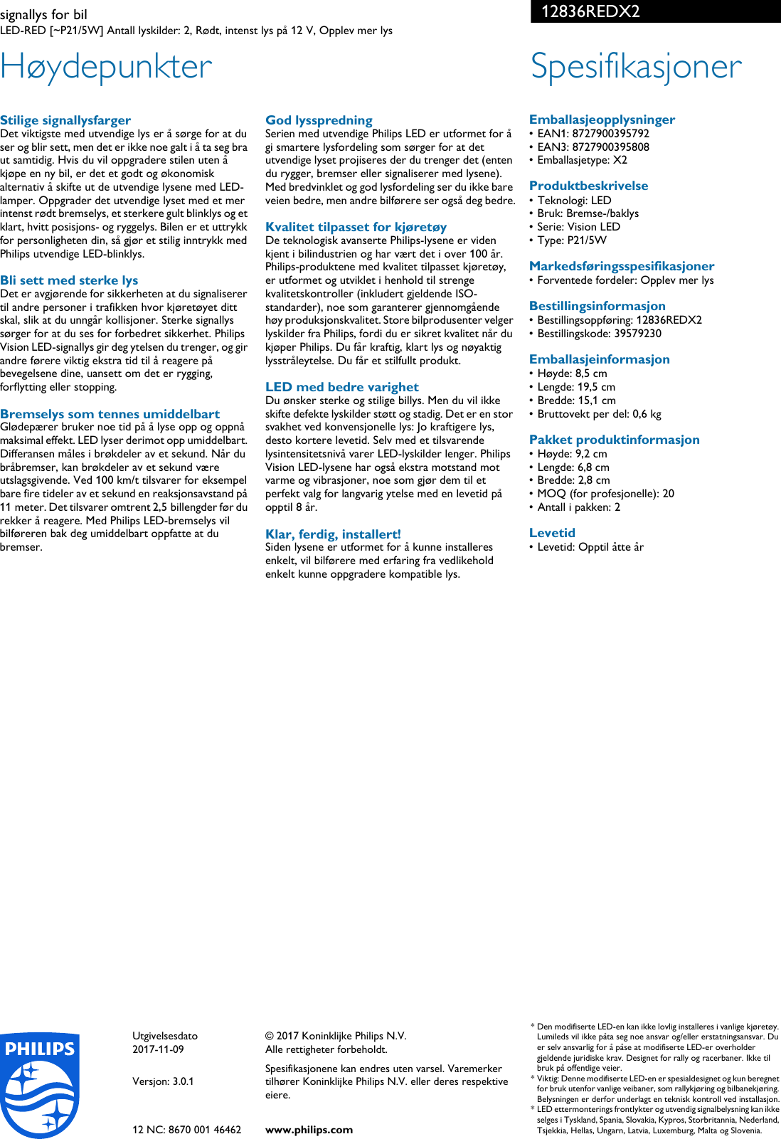 Page 2 of 2 - Philips 12836REDX2 Leaflet Released Norway (Norwegian)  User Manual Hefte Pss Norno