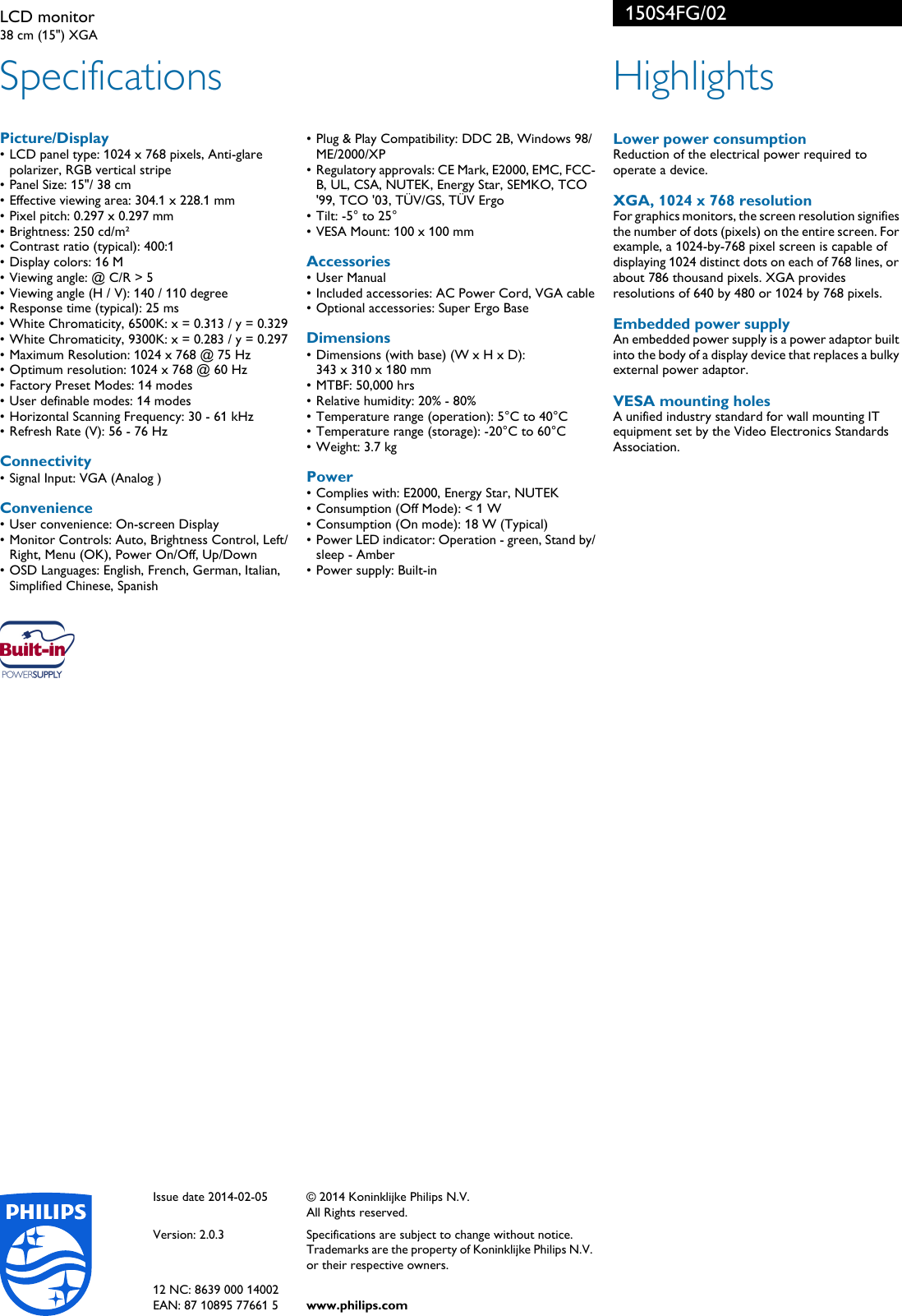 Page 2 of 2 - Philips 150S4FG/02 LCD Monitor Leaflet 150s4fg 02 Pss