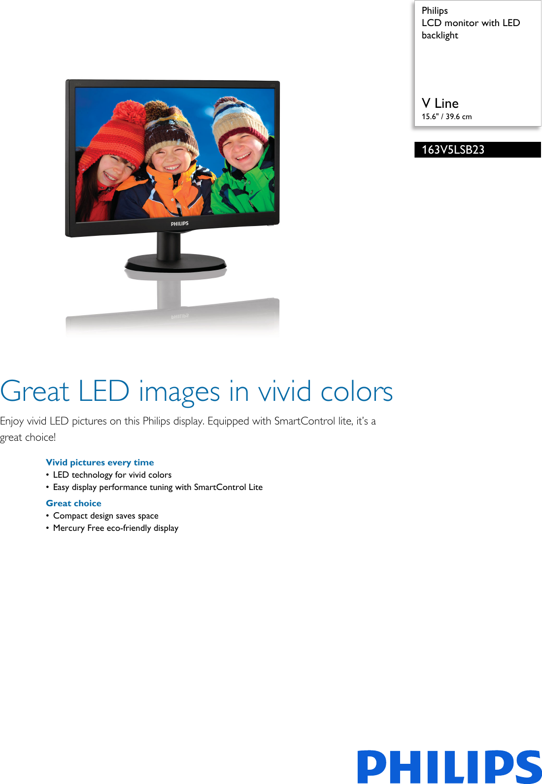Page 1 of 2 - Philips 163V5LSB23/94 LCD Monitor With LED Backlight User Manual Leaflet 163v5lsb23 94 Pss