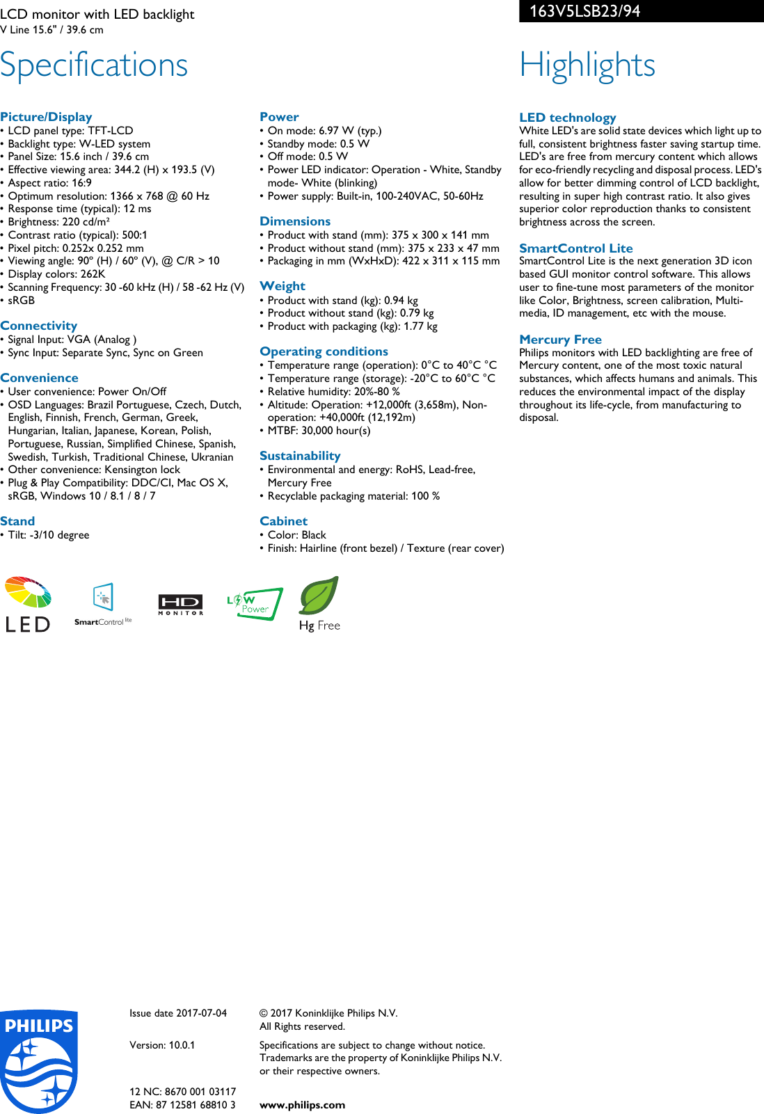 Page 2 of 2 - Philips 163V5LSB23/94 LCD Monitor With LED Backlight User Manual Leaflet 163v5lsb23 94 Pss