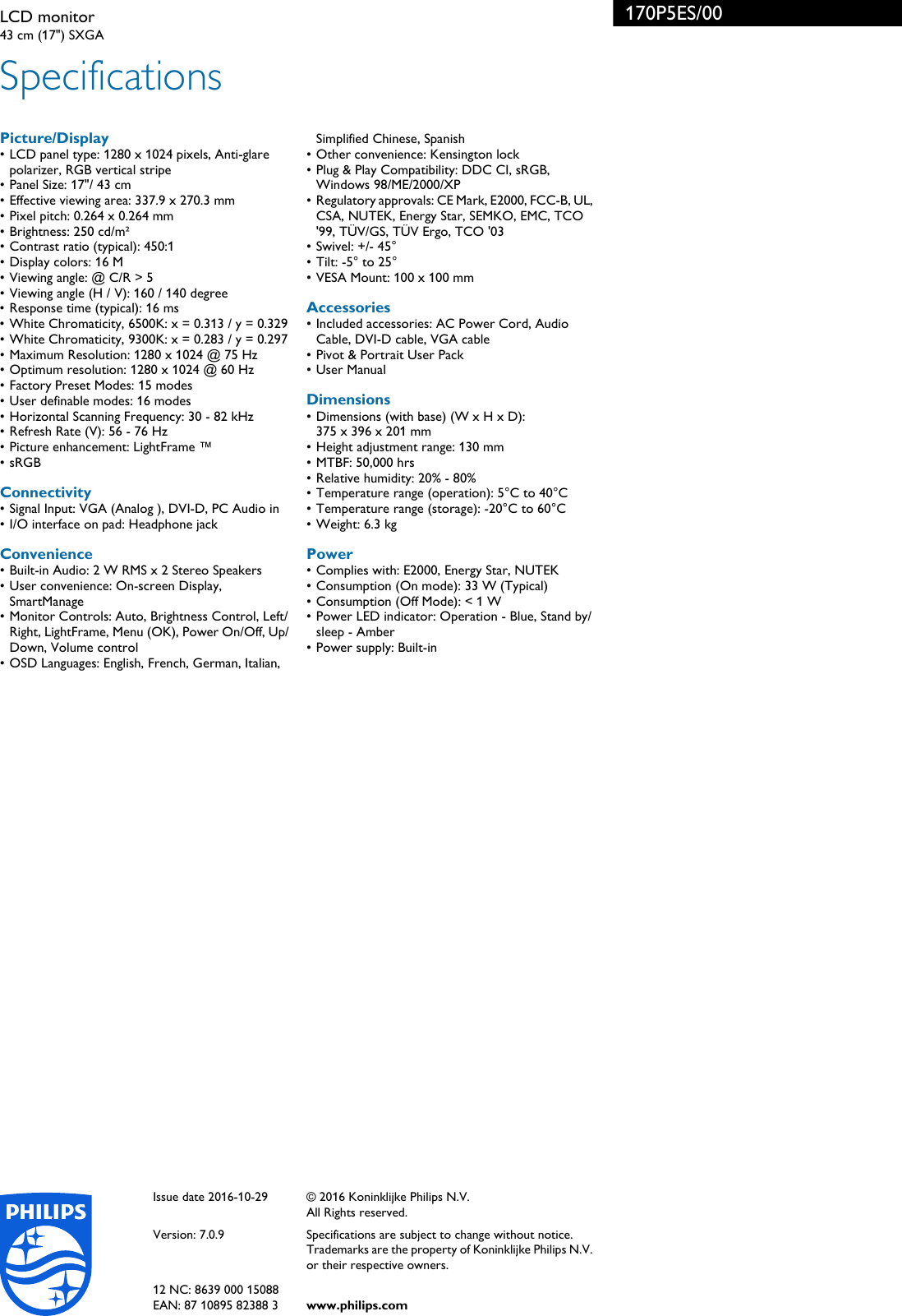 Page 3 of 3 - Philips 170P5ES/00 LCD Monitor With LightFrame™ Hefte 170p5es 00 Pss