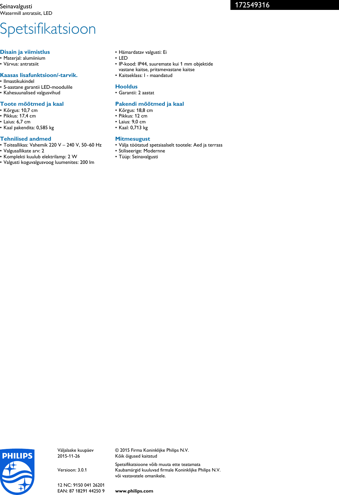Page 3 of 3 - Philips 17254/93/16 172549316 Seinavalgusti User Manual Voldik Pss Estee