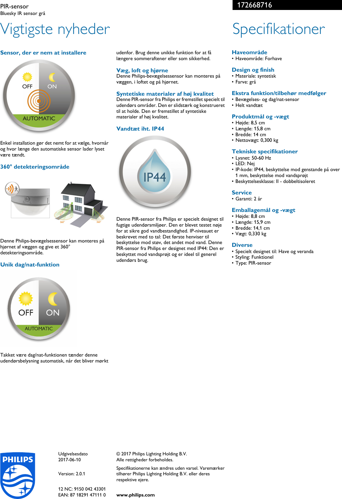 Page 2 of 2 - Philips 17266/87/16 172668716 PIR-sensor User Manual  Pss Dandk