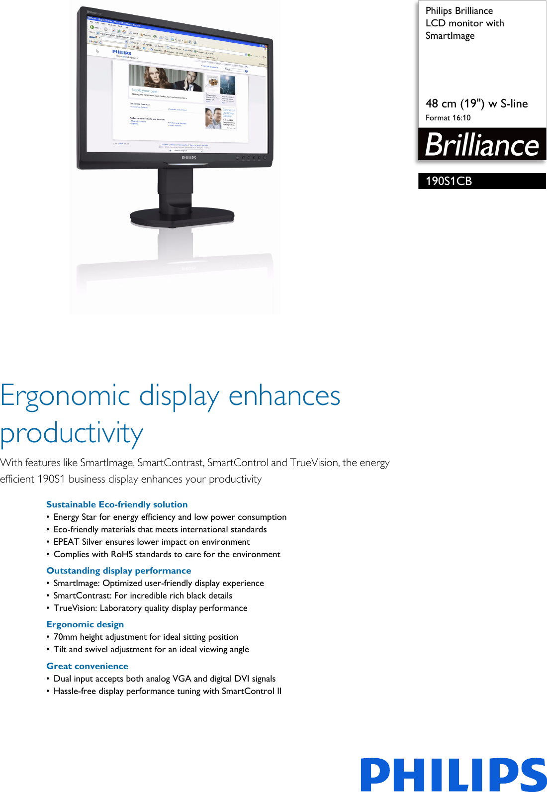 Page 1 of 3 - Philips 190S1CB/00 LCD Monitor With SmartImage Smart Image 190s1cb 00 Pss Engsg