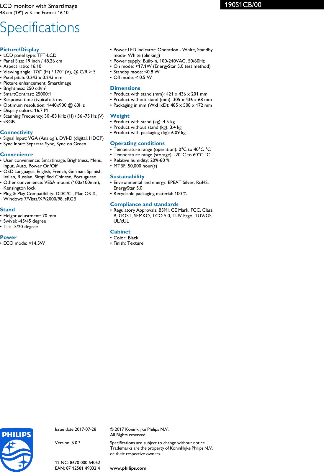 Page 3 of 3 - Philips 190S1CB/00 LCD Monitor With SmartImage Smart Image 190s1cb 00 Pss Engsg