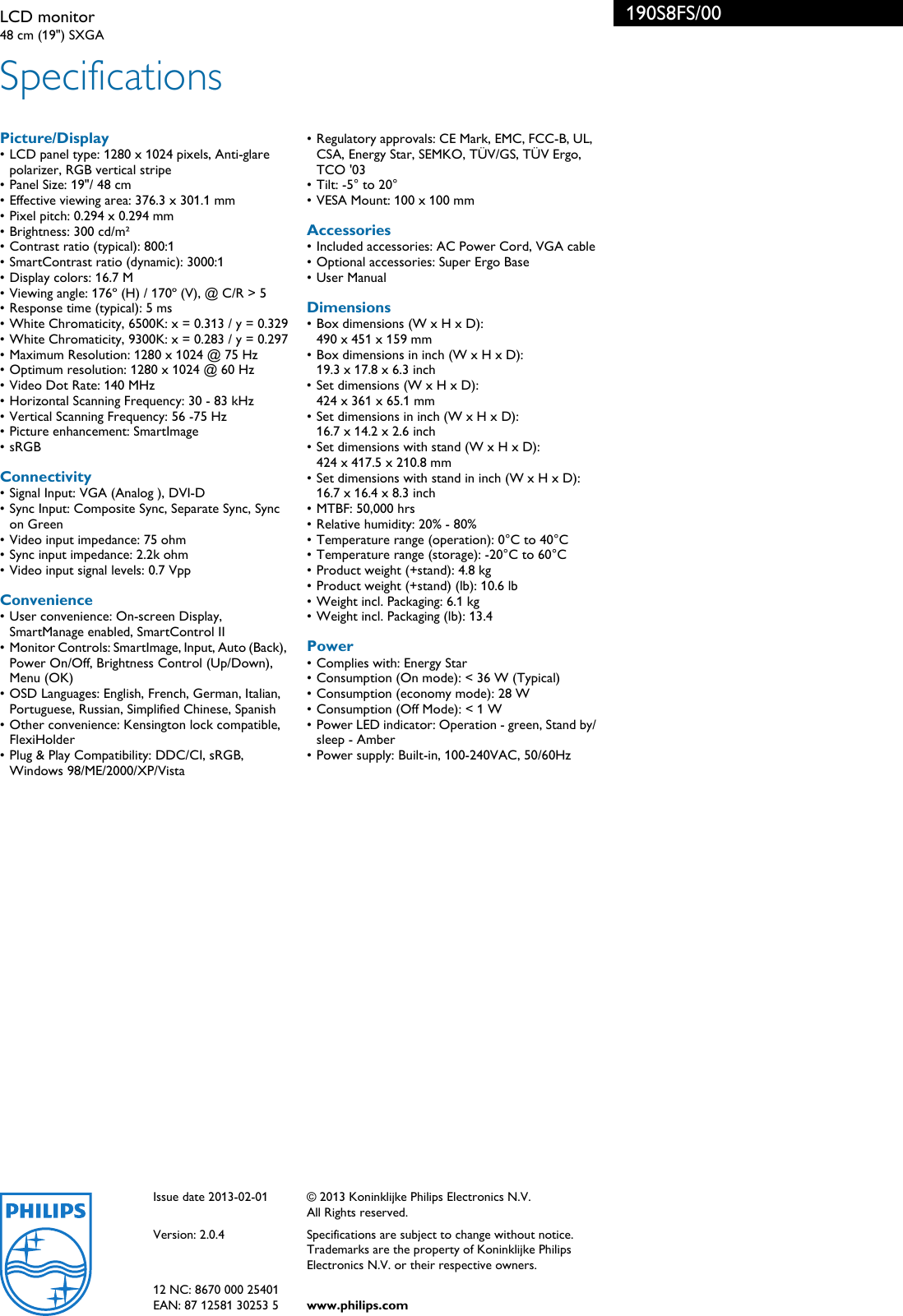 Page 3 of 3 - Philips 190S8FS/00 LCD Monitor 190s8fs 00 Pss Aenbe