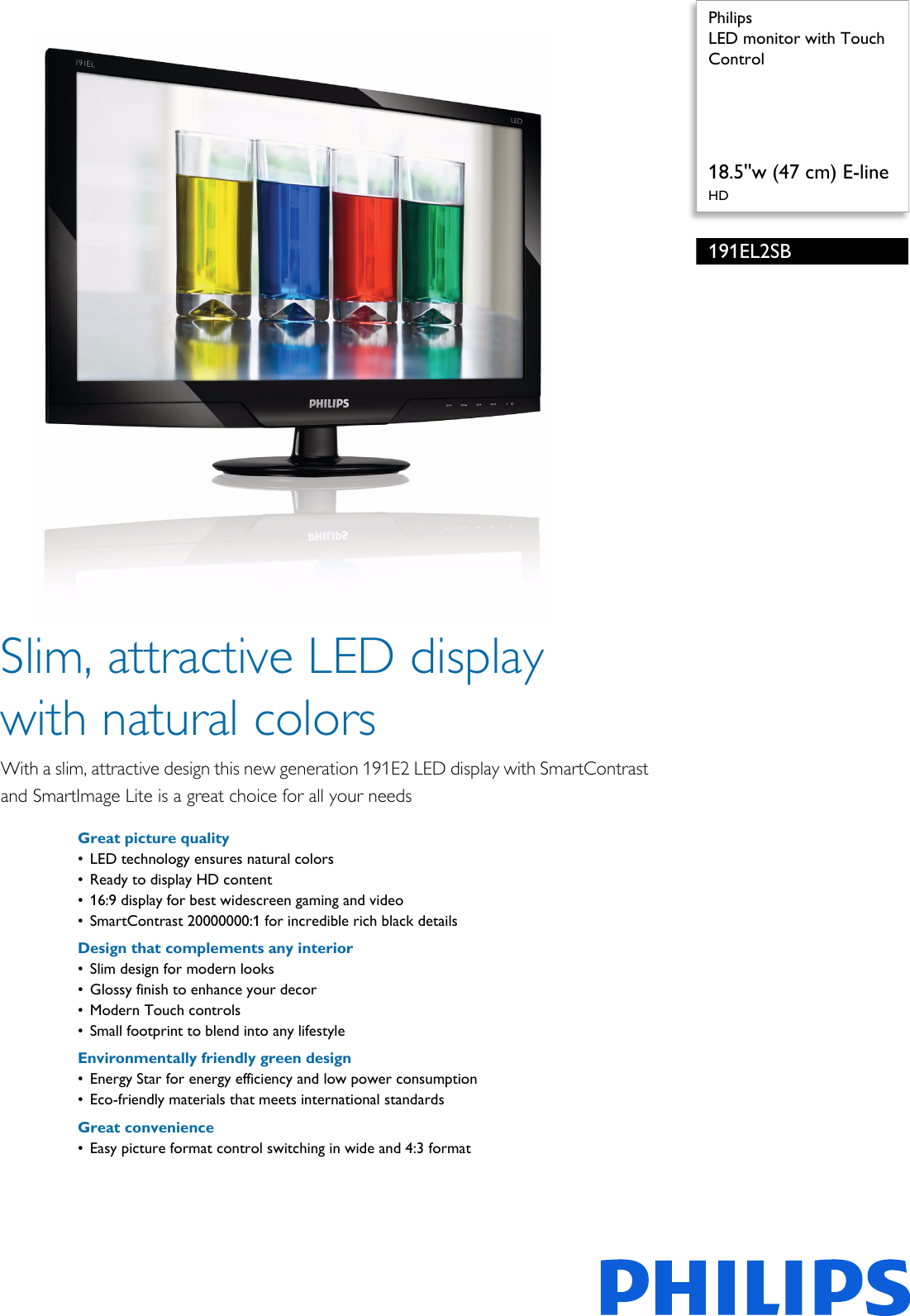 Page 1 of 3 - Philips 191EL2SB/00 LED Monitor With Touch Control 191el2sb 00 Pss Aenin
