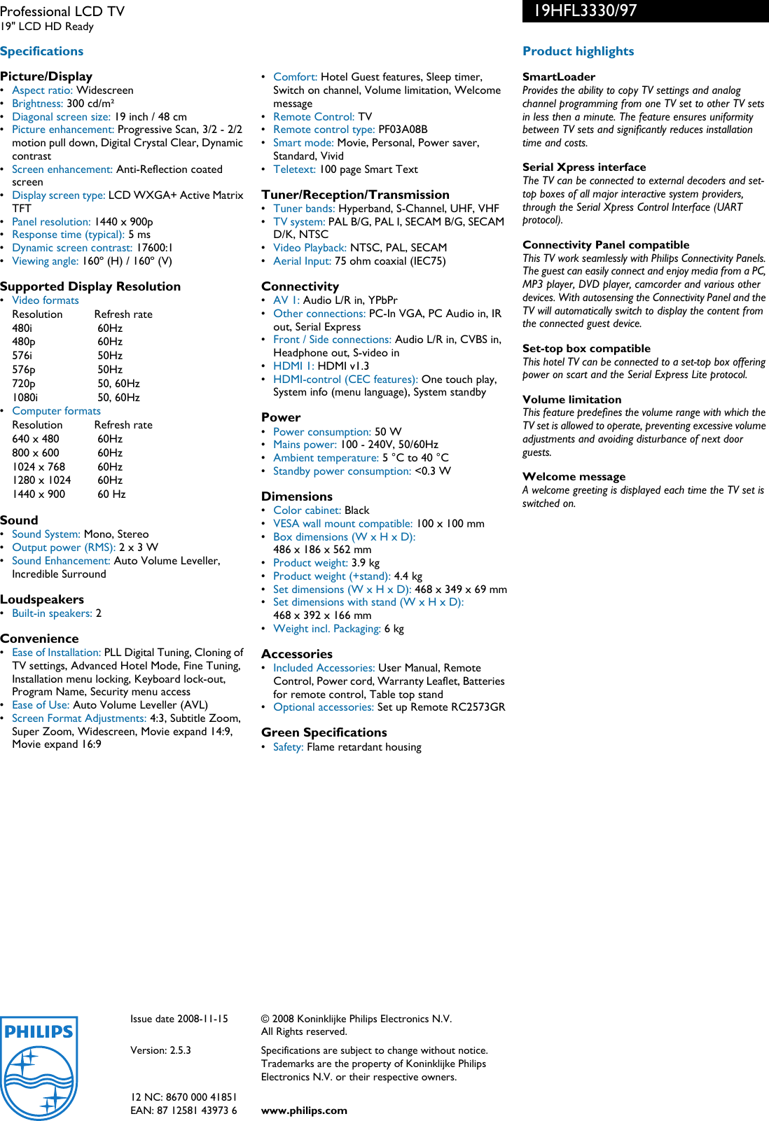 Philips 19hfl3330 19hfl3330 97 Professional Lcd Tv User