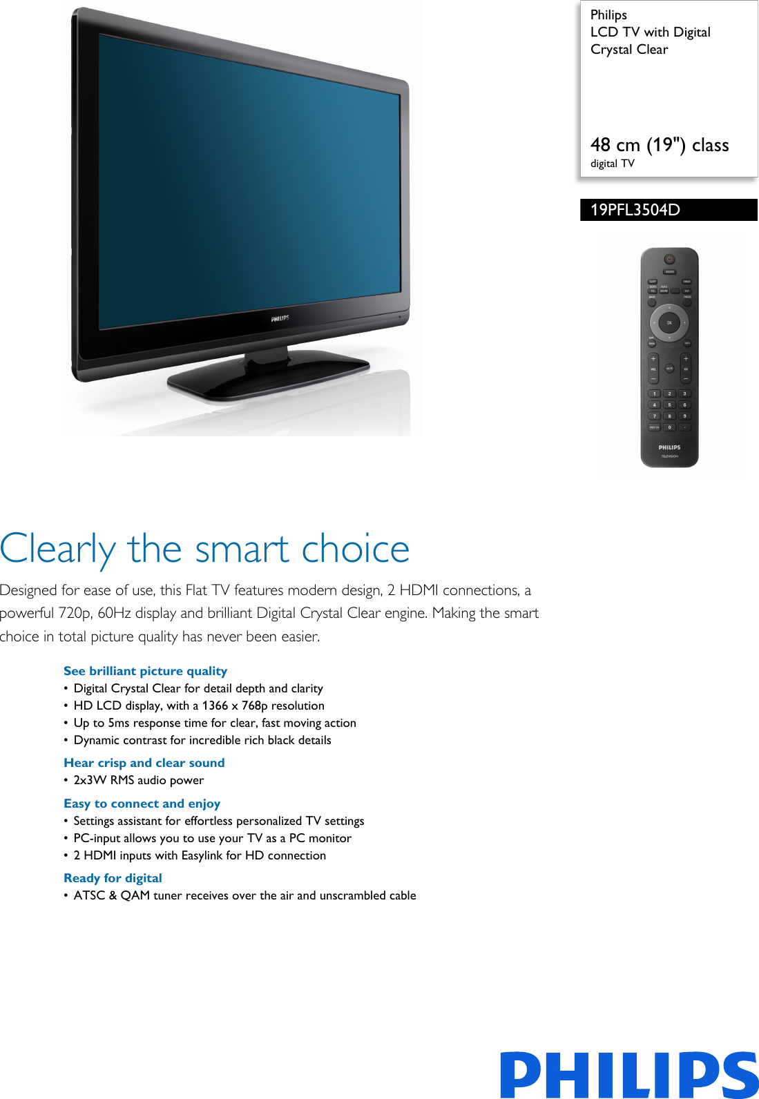 Page 1 of 3 - Philips 19PFL3504D/F7 LCD TV With Digital Crystal Clear User Manual Leaflet 19pfl3504d F7 Pss Aenus