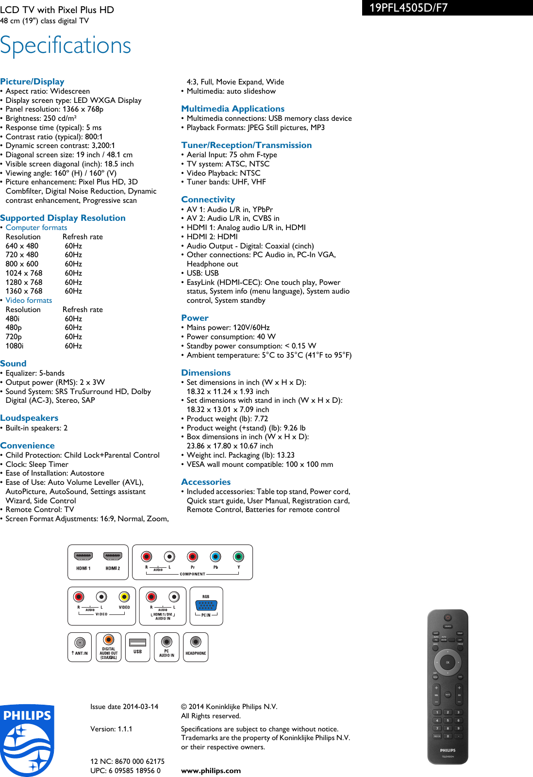 Page 3 of 3 - Philips 19PFL4505D/F7 LCD TV With Pixel Plus HD User Manual Leaflet 19pfl4505d F7 Pss Aenus