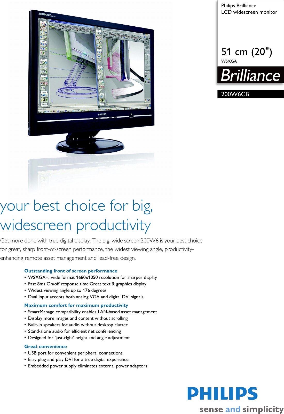 Page 1 of 3 - Philips 200W6CB/27 LCD Widescreen Monitor Leaflet 200w6cb 27 Pss Aenca