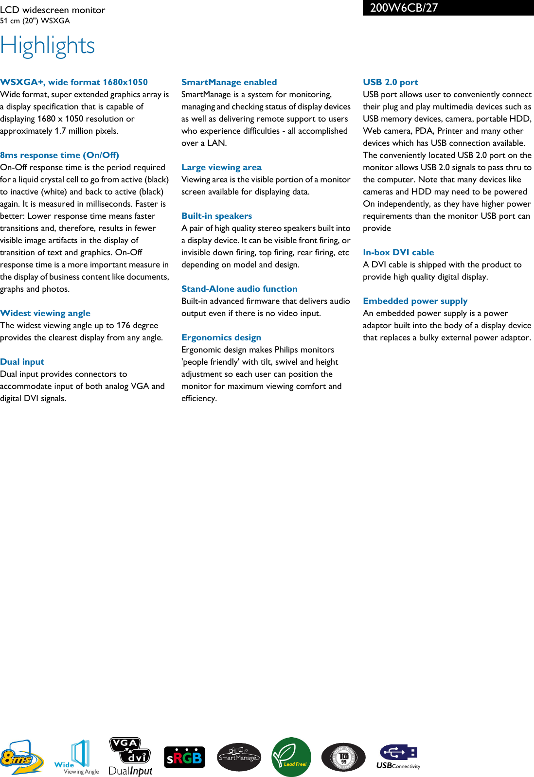 Page 2 of 3 - Philips 200W6CB/27 LCD Widescreen Monitor Leaflet 200w6cb 27 Pss Aenca