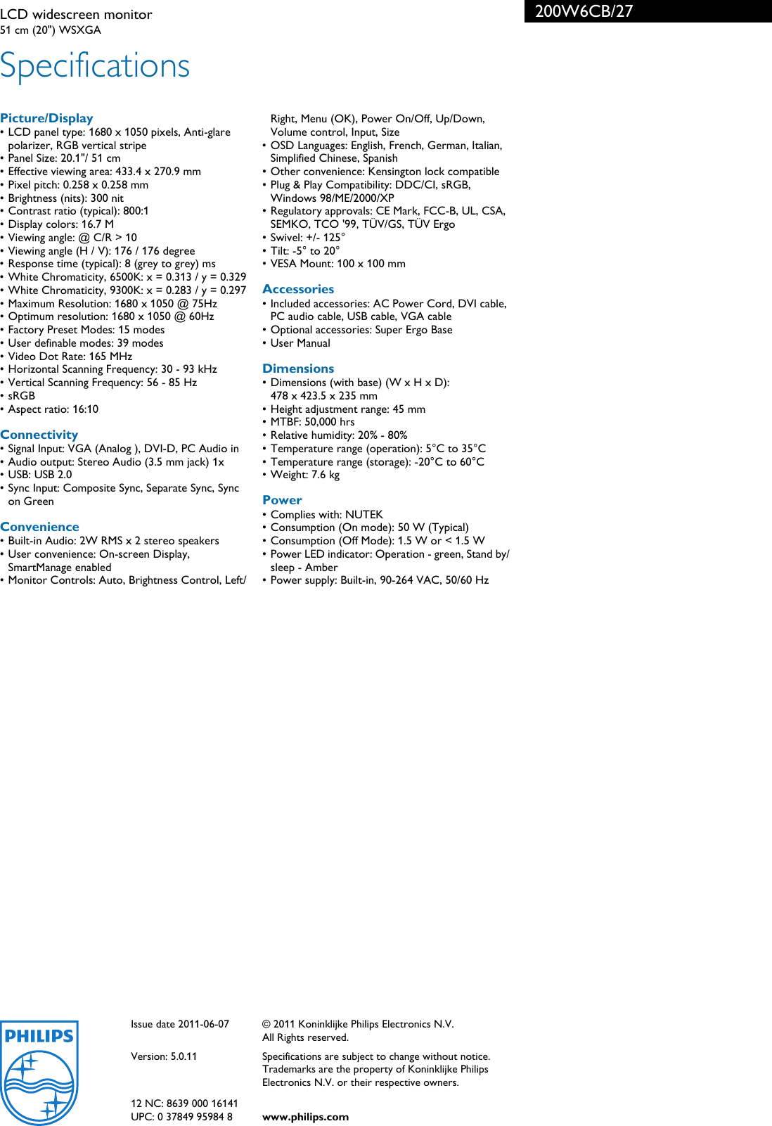 Page 3 of 3 - Philips 200W6CB/27 LCD Widescreen Monitor Leaflet 200w6cb 27 Pss Aenca