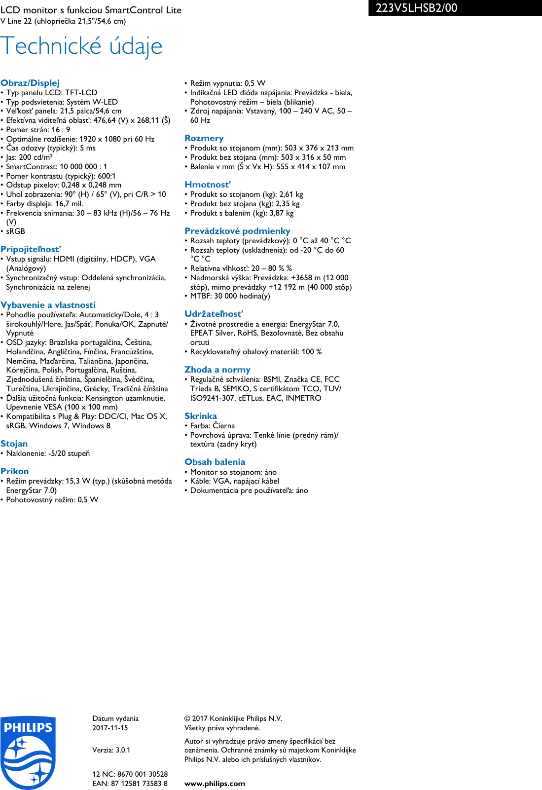 Page 3 of 3 - Philips 223V5LHSB2/00 Leaflet 223V5LHSB2_00 Released Slovakia (Slovak) User Manual Prospekt 223v5lhsb2 00 Pss Slksk