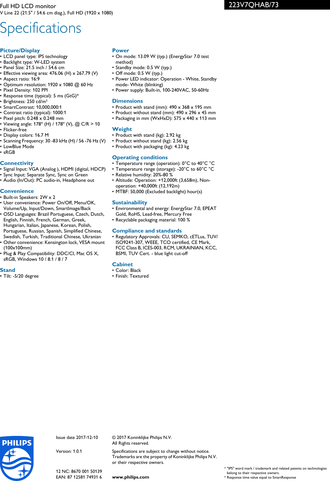 Page 3 of 3 - Philips 223V7QHAB/73 Full HD LCD Monitor User Manual Leaflet 223v7qhab 73 Pss Engza